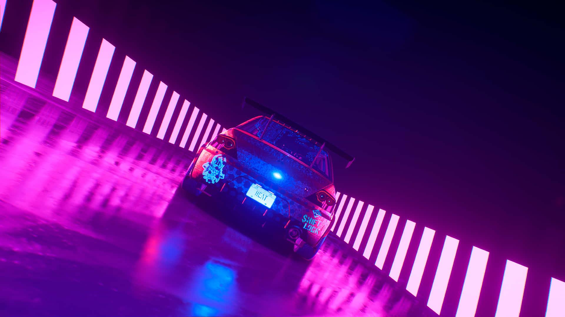 一輛跑車穿過隧道，隧道內有霓虹燈 壁紙 — 一輛流線型賽車在霓虹燈隧道中飄移，隧道閃爍著充滿活力的粉紅和藍色燈光。