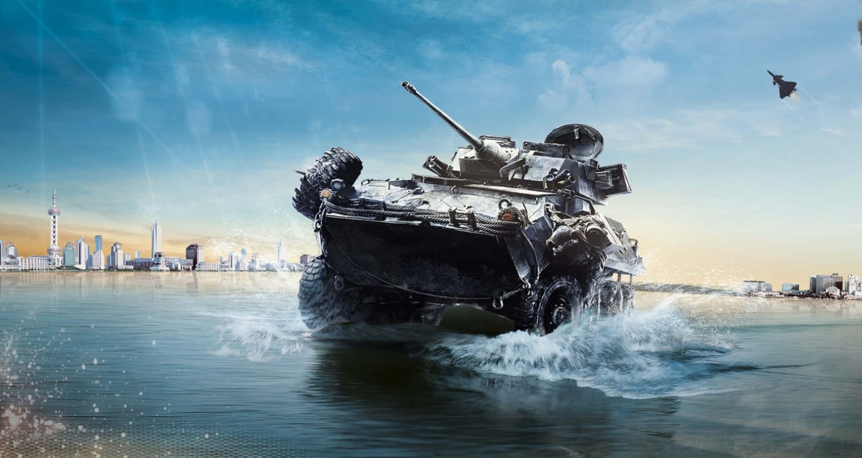Battlefield Vehicles 桌布 壁紙 — 一輛軍用裝甲車濺起水花行駛，背景是晴朗天空下的城市天際線和戰鬥機。
