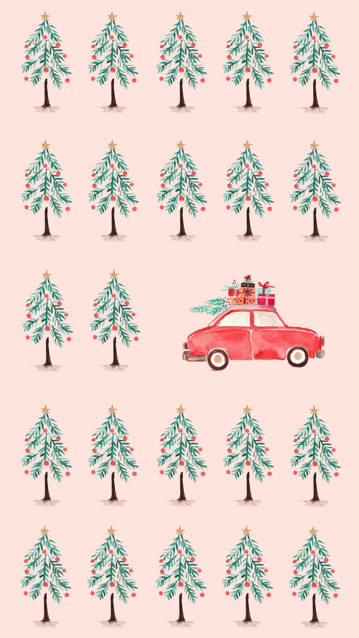 Winter Art 桌布 壁紙 — 一輛載滿禮物的紅色復古汽車在一片重複的水彩聖誕樹田野上行駛，背景是柔和的粉紅色。