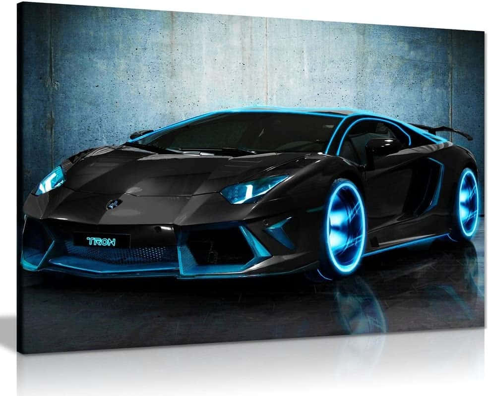 一輛配備藍色燈光的黑色跑車 壁紙 — 一架型格黑色林寶堅尼Aventador，輪圈及車底帶有發光藍色霓虹燈，靠著紋理混凝土牆。