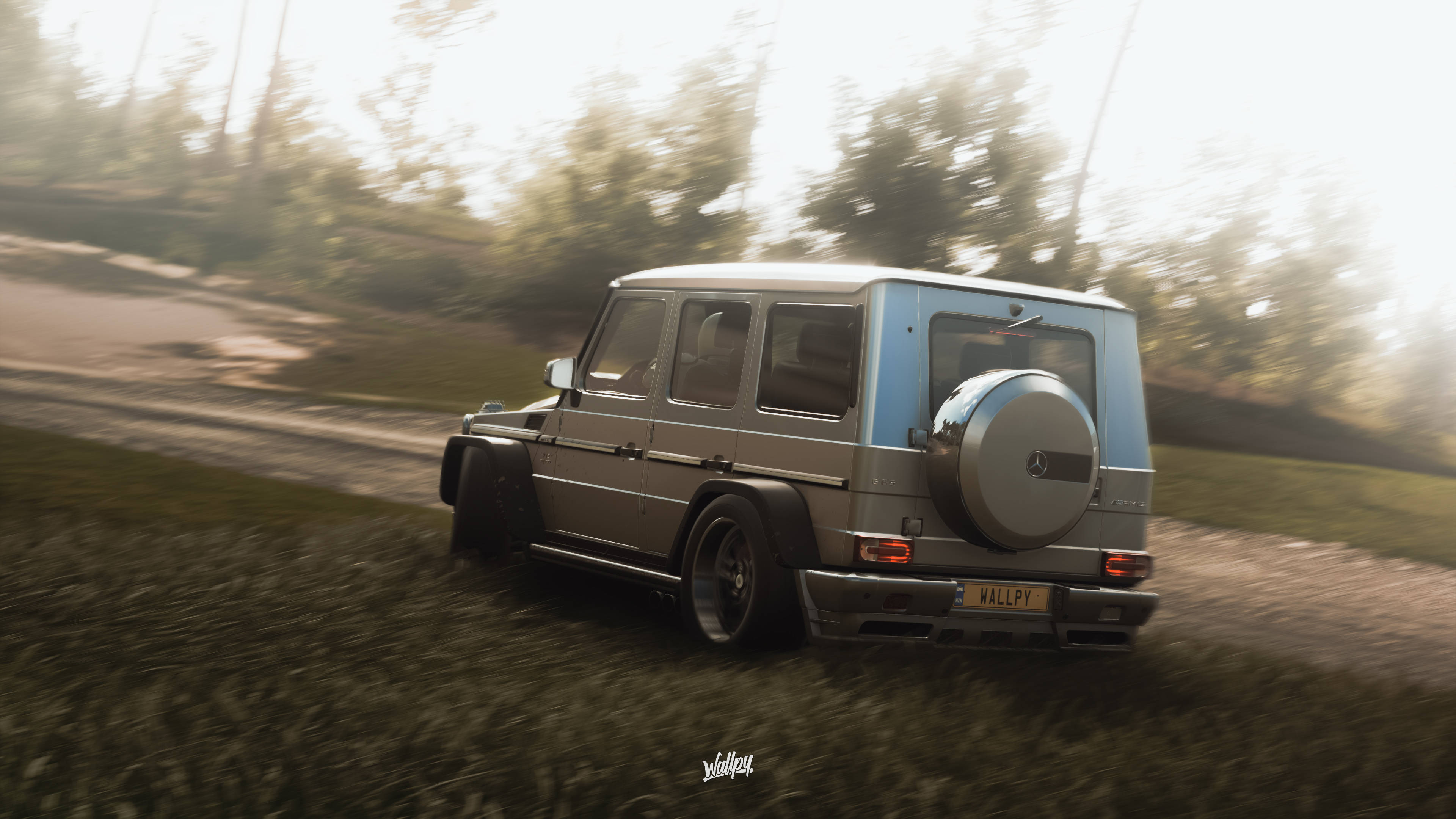 Mercedes 桌布 壁紙 — 一輛銀色 Mercedes G-Wagen 在森林道路上飛馳，模糊的綠意和金黃色的陽光穿過樹林灑落。