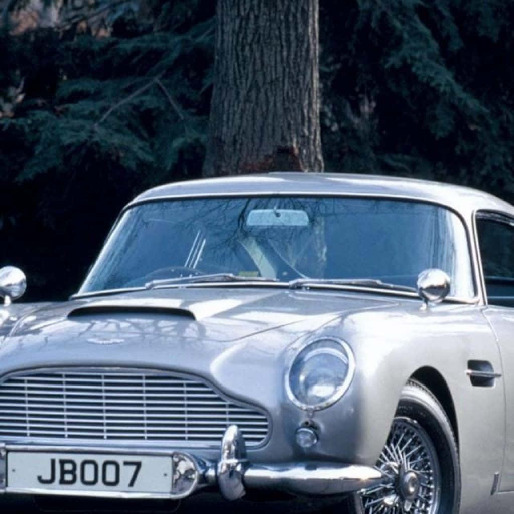 Aston Martin Db5 桌布 壁紙 — 一輛銀色Aston Martin DB5在柔和光線下閃閃發光，背後有樹幹，身處森林環境。
