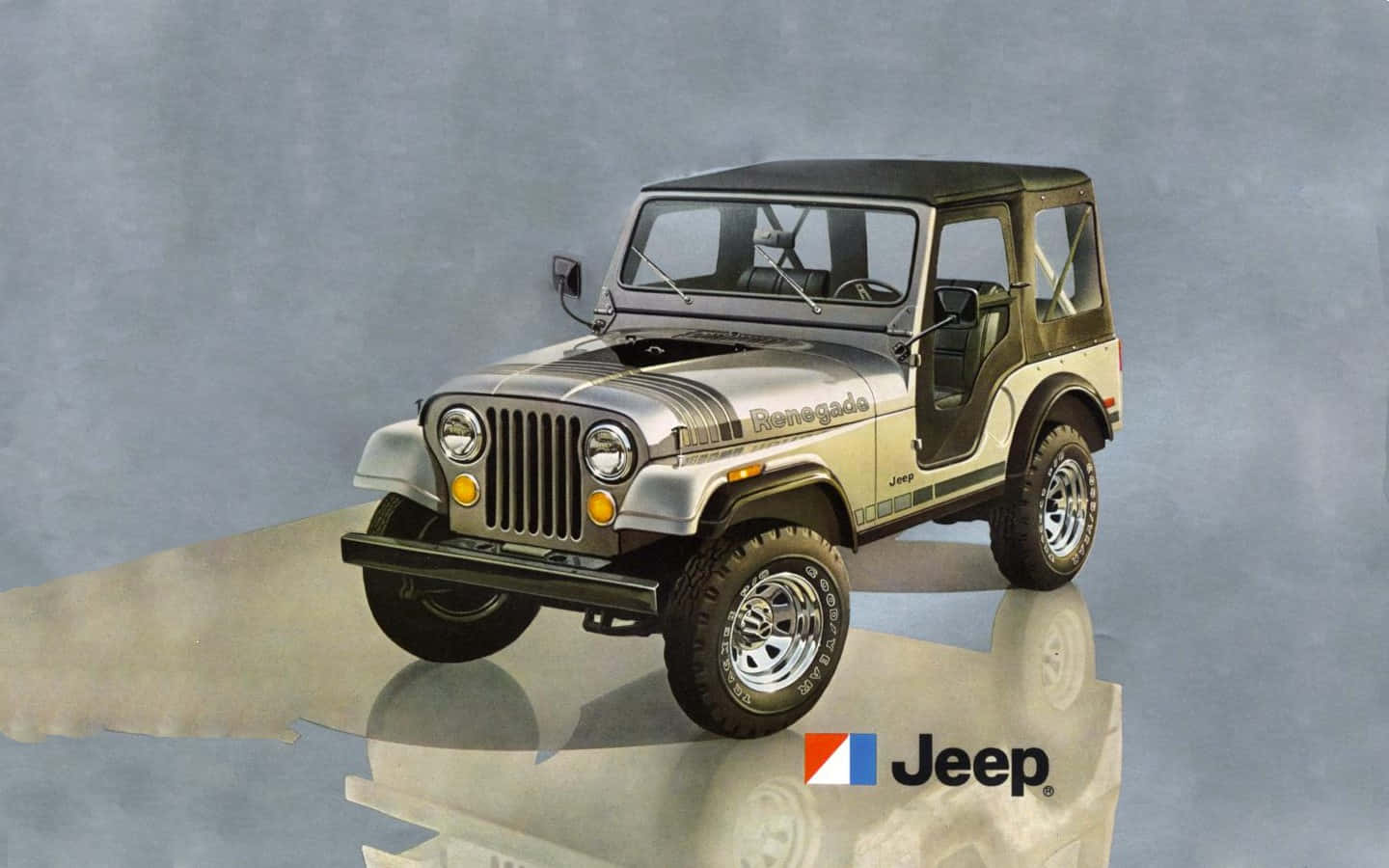 Jeep Cj 桌布 壁紙 — 一輛銀色Jeep Wrangler配黑色軟頂和'Renegade'貼紙，站在反光平台上，背景為柔和的灰色。