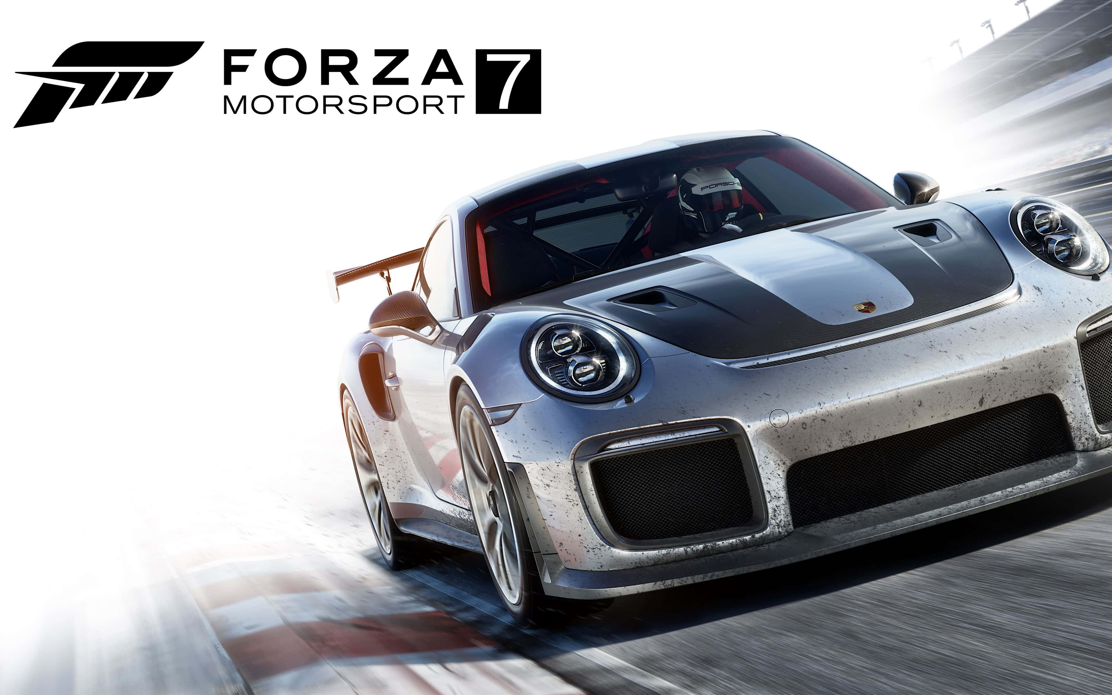 Forza Motorsport 7 - PC 壁紙 — 一輛銀色保時捷 911 GT2 RS 在賽道上奔馳，帶有動態模糊和明亮的陽光。