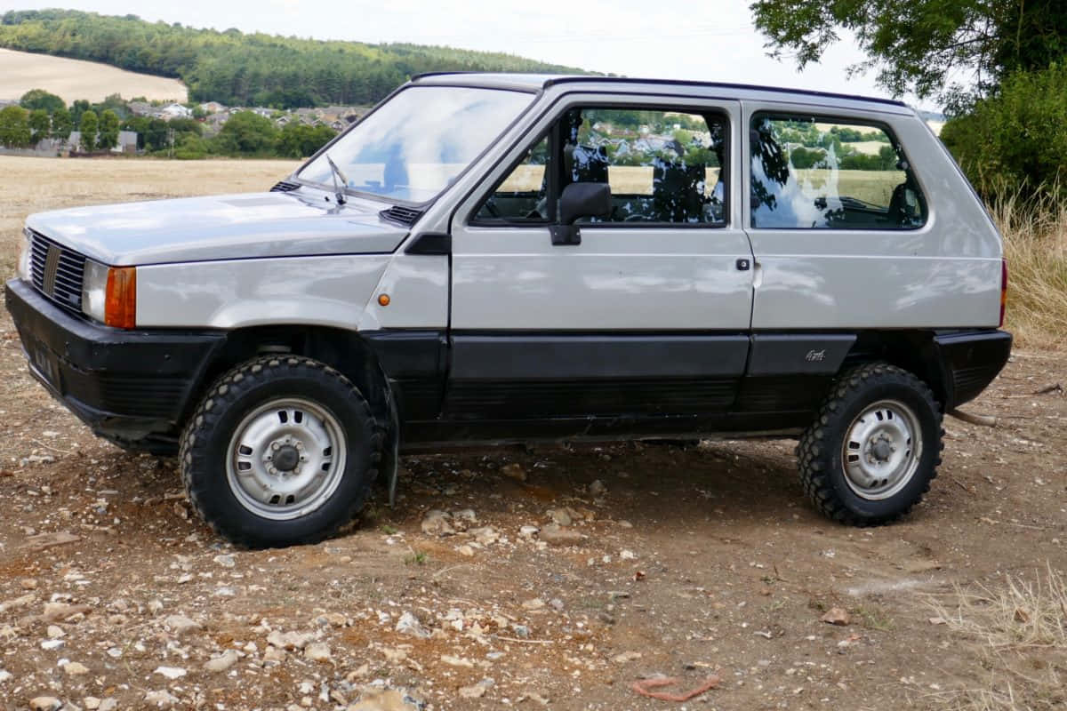 Fiat Panda 桌布 壁紙 — 一輛銀色和黑色的Fiat Panda 4x4停泊在碎石地上，背景是起伏的綠色山丘和樹木。