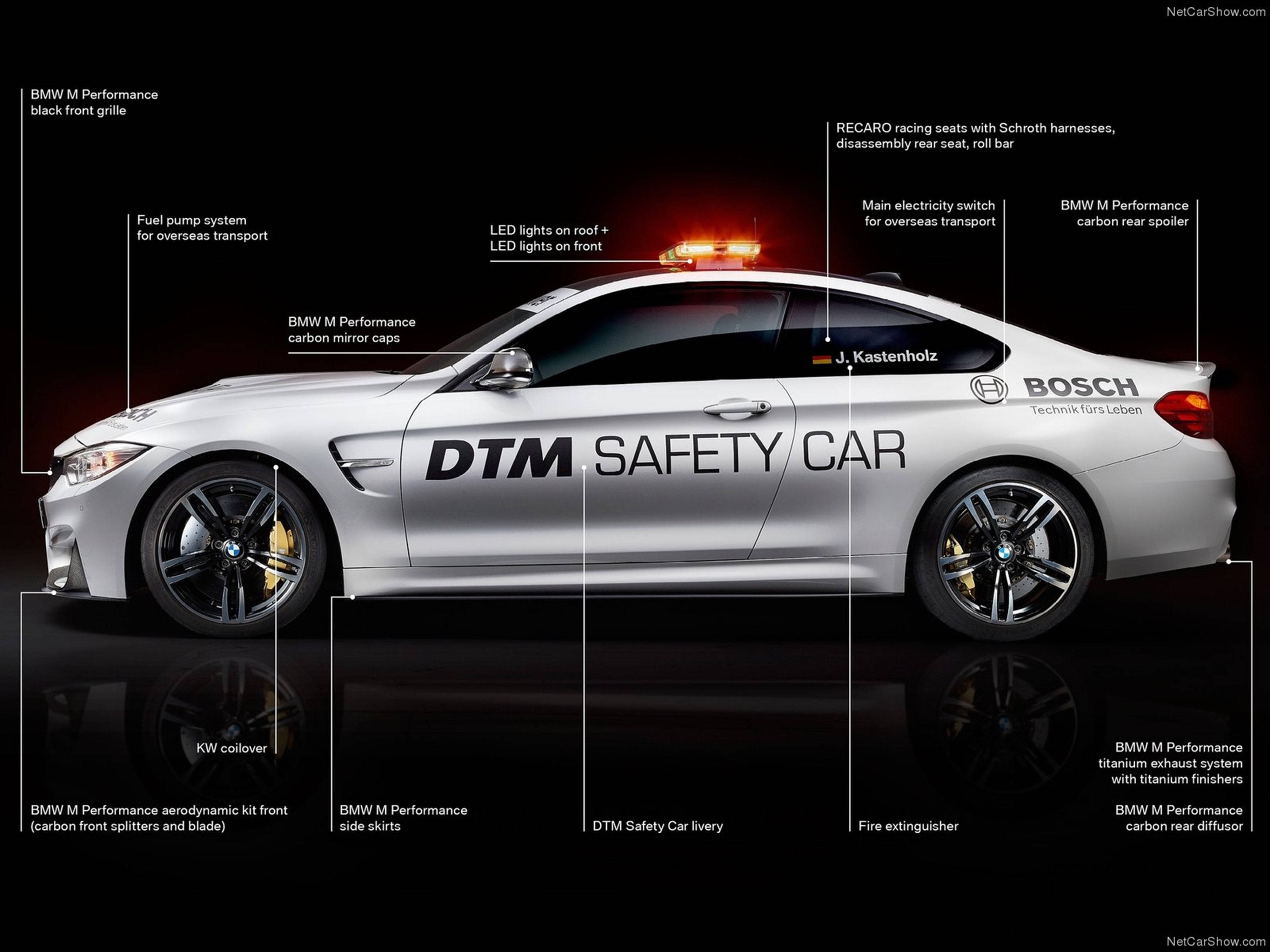 Sports Car 桌布 壁紙 — 一輛銀色寶馬M4 DTM安全車，帶有詳細註釋，在深色反光背景下突出其賽車功能。