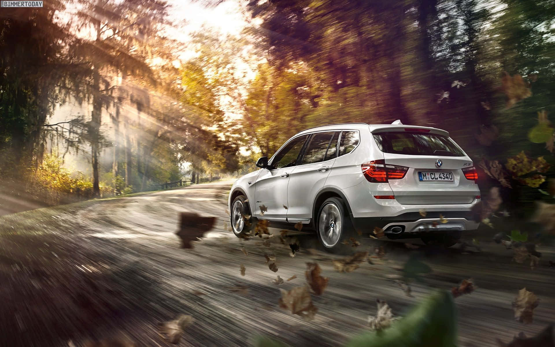 Bmw X3 桌布 壁紙 — 一輛銀色寶馬SUV在陽光明媚的秋日森林中疾馳，落葉在車輪周圍旋轉。