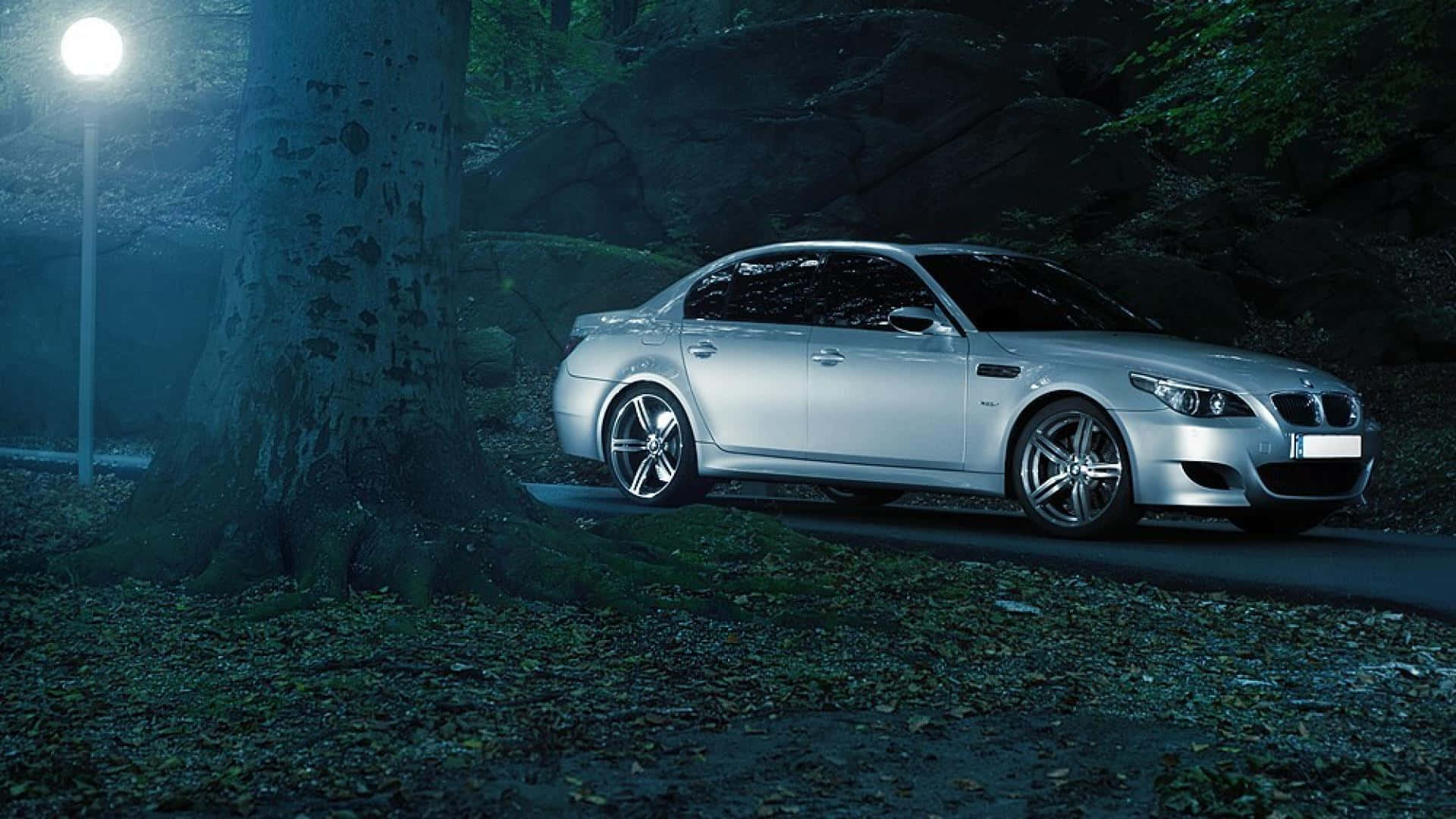 Bmw M5 桌布 壁紙 — 一輛銀色寶馬轎車在夜間停在一棵大樹旁，在單一街燈下閃爍，周圍是霧氣瀰漫的森林。