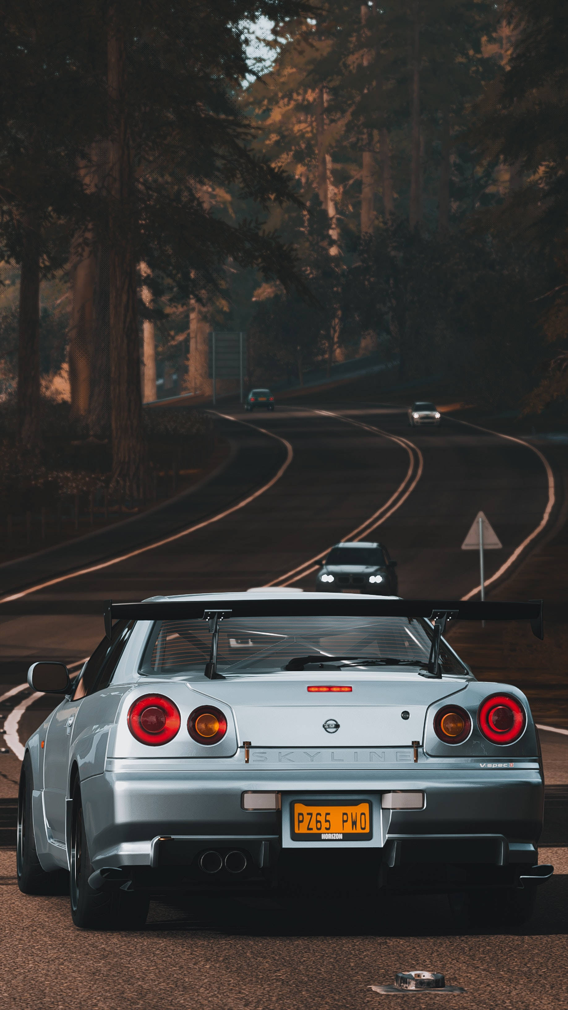 Nissan 桌布 壁紙 — 一輛銀色日產Skyline R34 GT-R，紅色尾燈發光，在黃昏時分行駛在蜿蜒的林間道路上。
