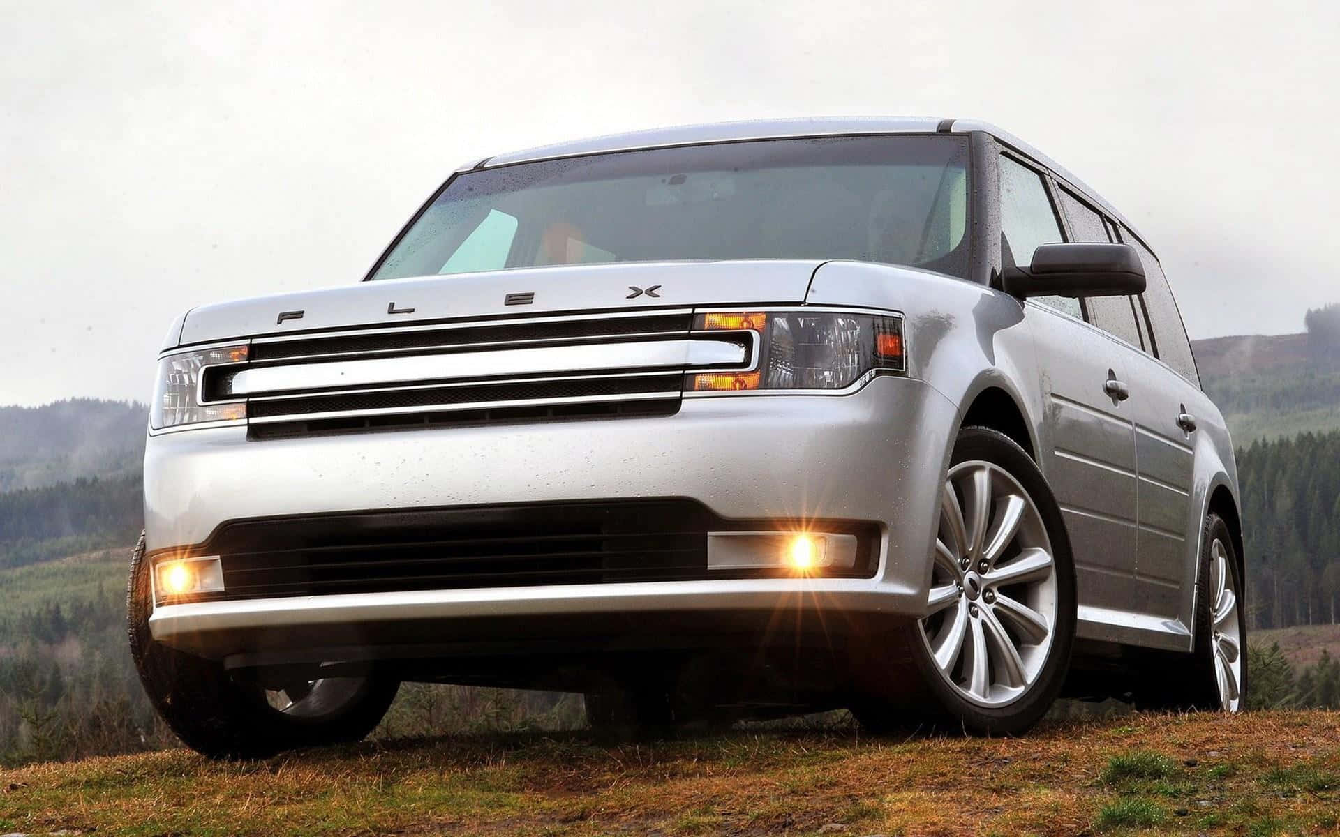 Ford Flex 桌布 壁紙 — 一輛銀色福特Flex SUV停泊在長滿草的山丘上，背景是陰天下的森林覆蓋山丘。
