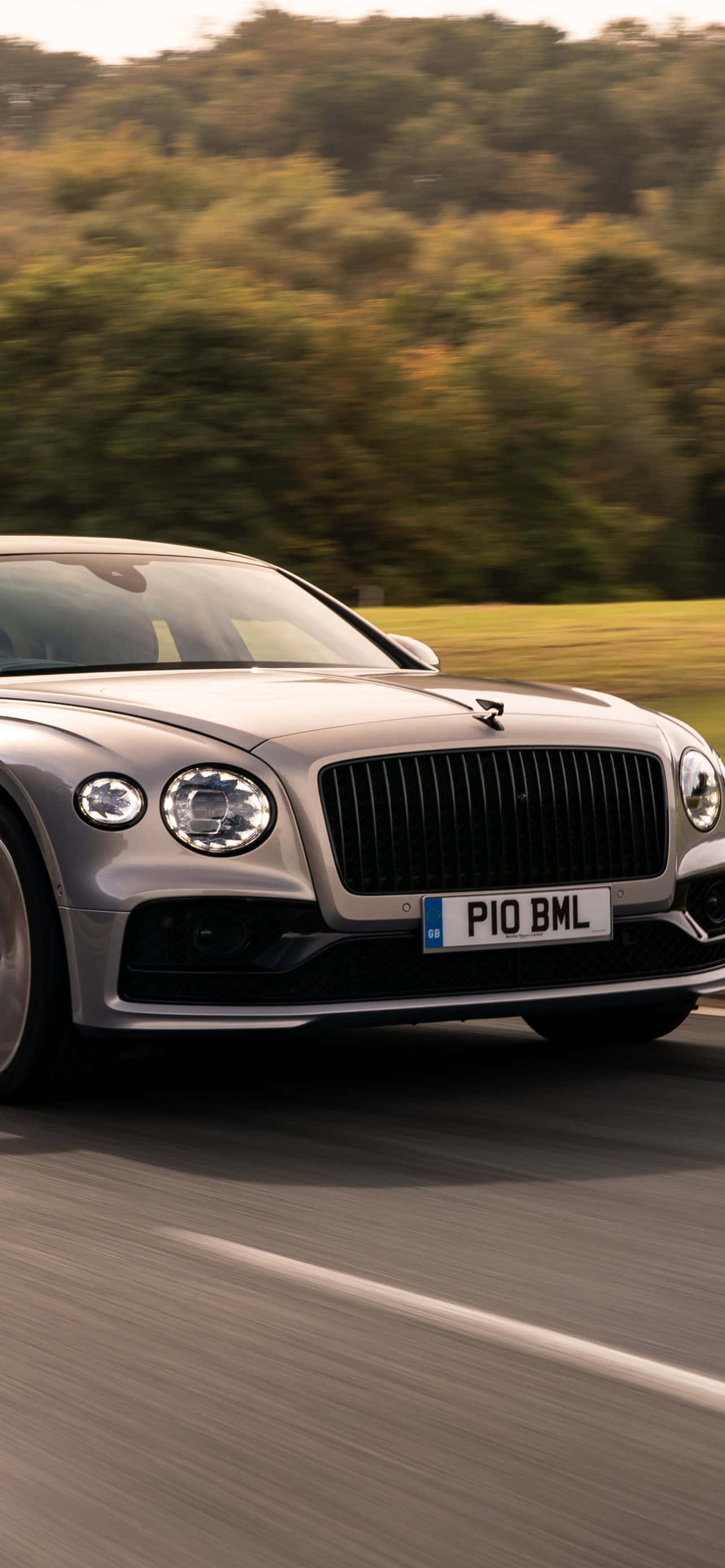 Bentley Flying Spur 桌布 壁紙 — 一輛銀色賓利 Continental GT 在道路上疾馳，背景是模糊的秋樹。