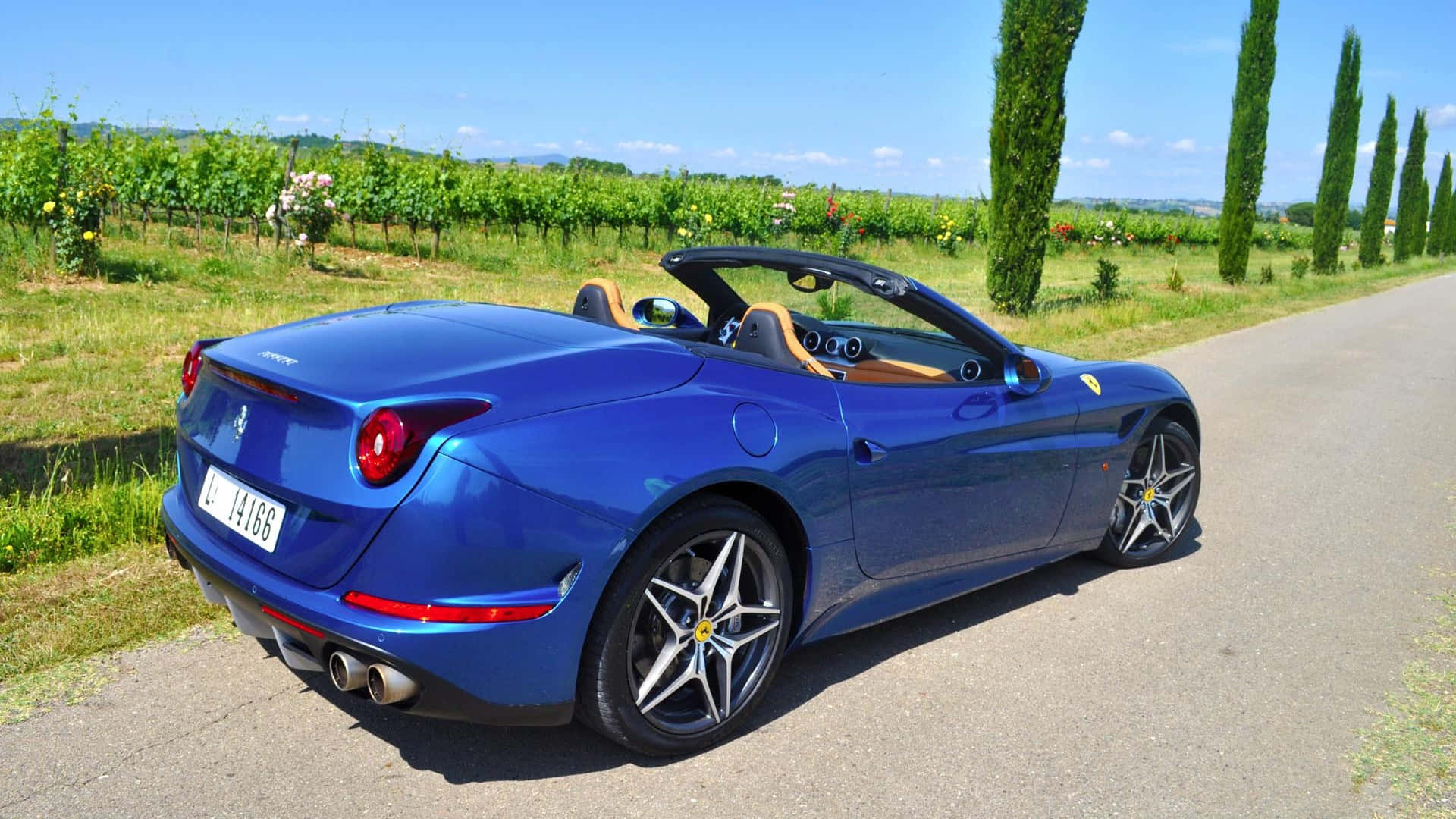 Ferrari California T 桌布 壁紙 — 一輛閃亮的藍色法拉利California敞篷車停放在陽光明媚的鄉村道路上，旁邊是葡萄園和高大的柏樹。