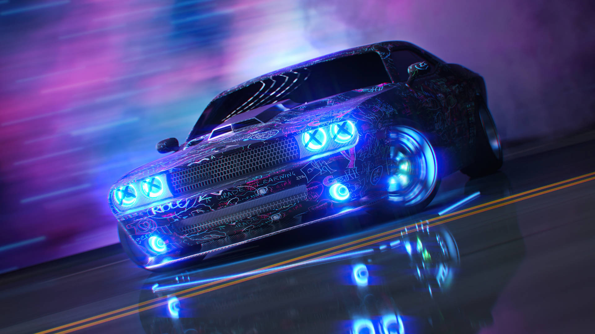 dodge challenger 桌布 壁紙 — 一輛霓虹燈照亮的定制肌肉車在充滿活力的賽博朋克城市景觀中疾馳，帶有發光的藍色車頭燈和反射的潮濕路面。