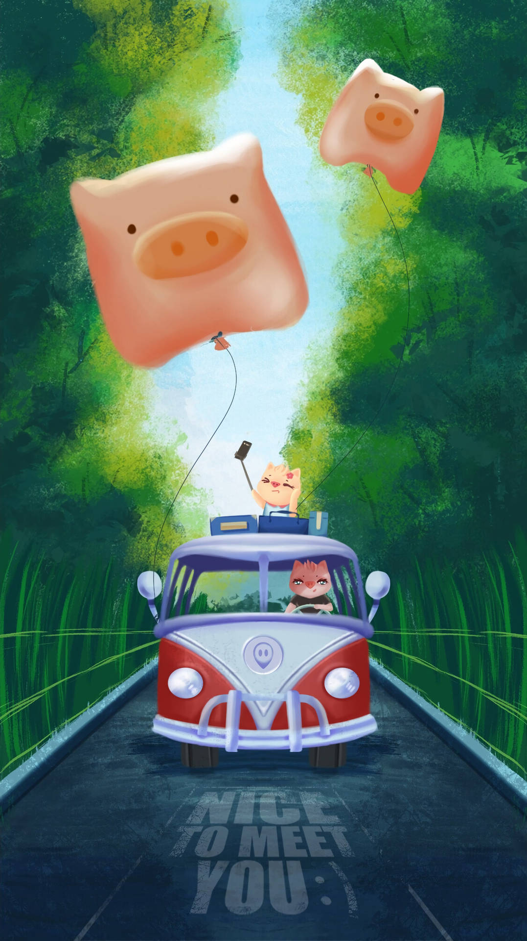 一輛帶有豬氣球的卡通貨車駛過綠色森林隧道。
