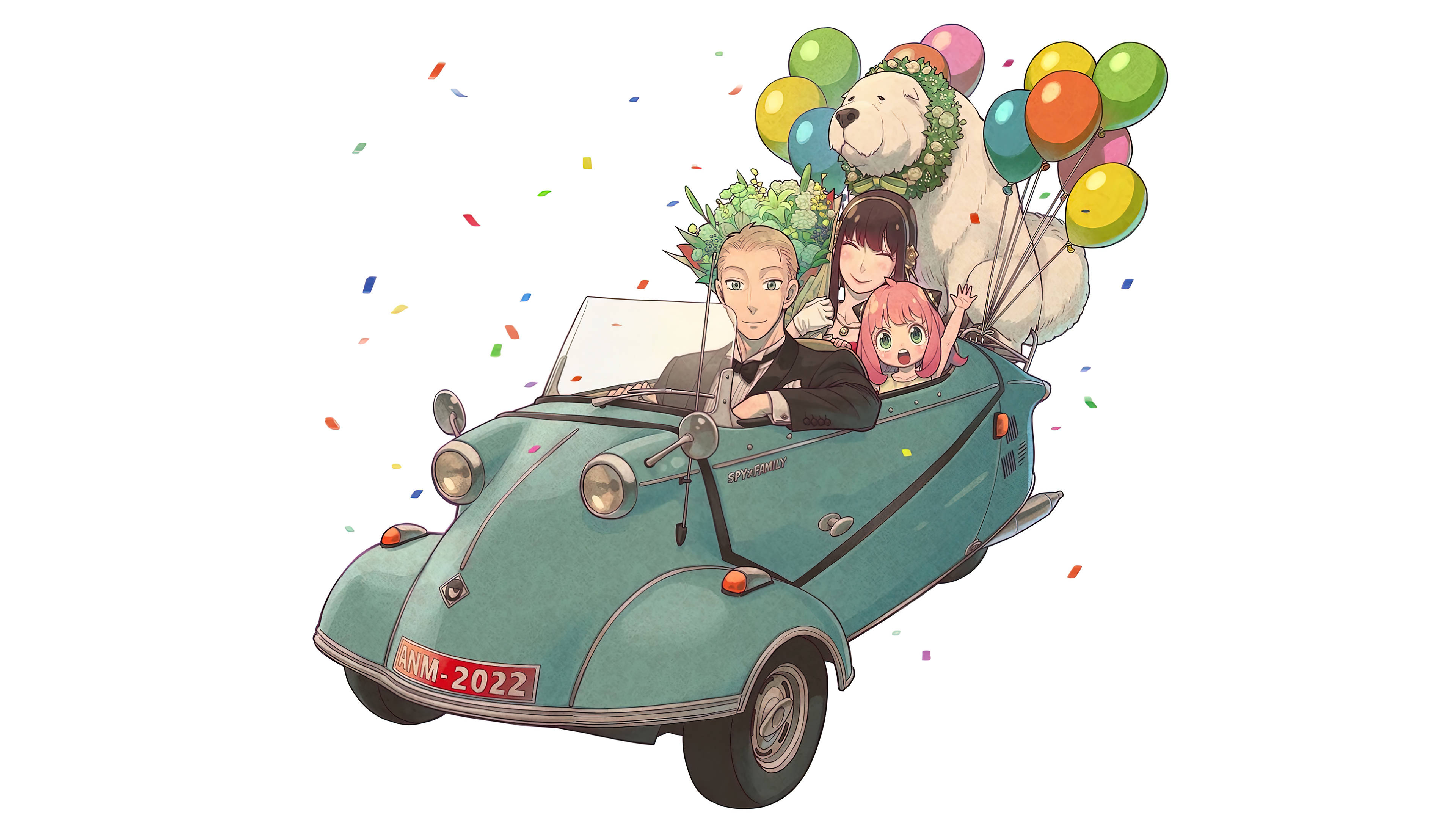 cute anime characters 桌布 壁紙 — 一輛青綠色復古汽車歡快地行駛，車上有三個動漫角色和一隻北極熊，裝飾著氣球和五彩紙屑。
