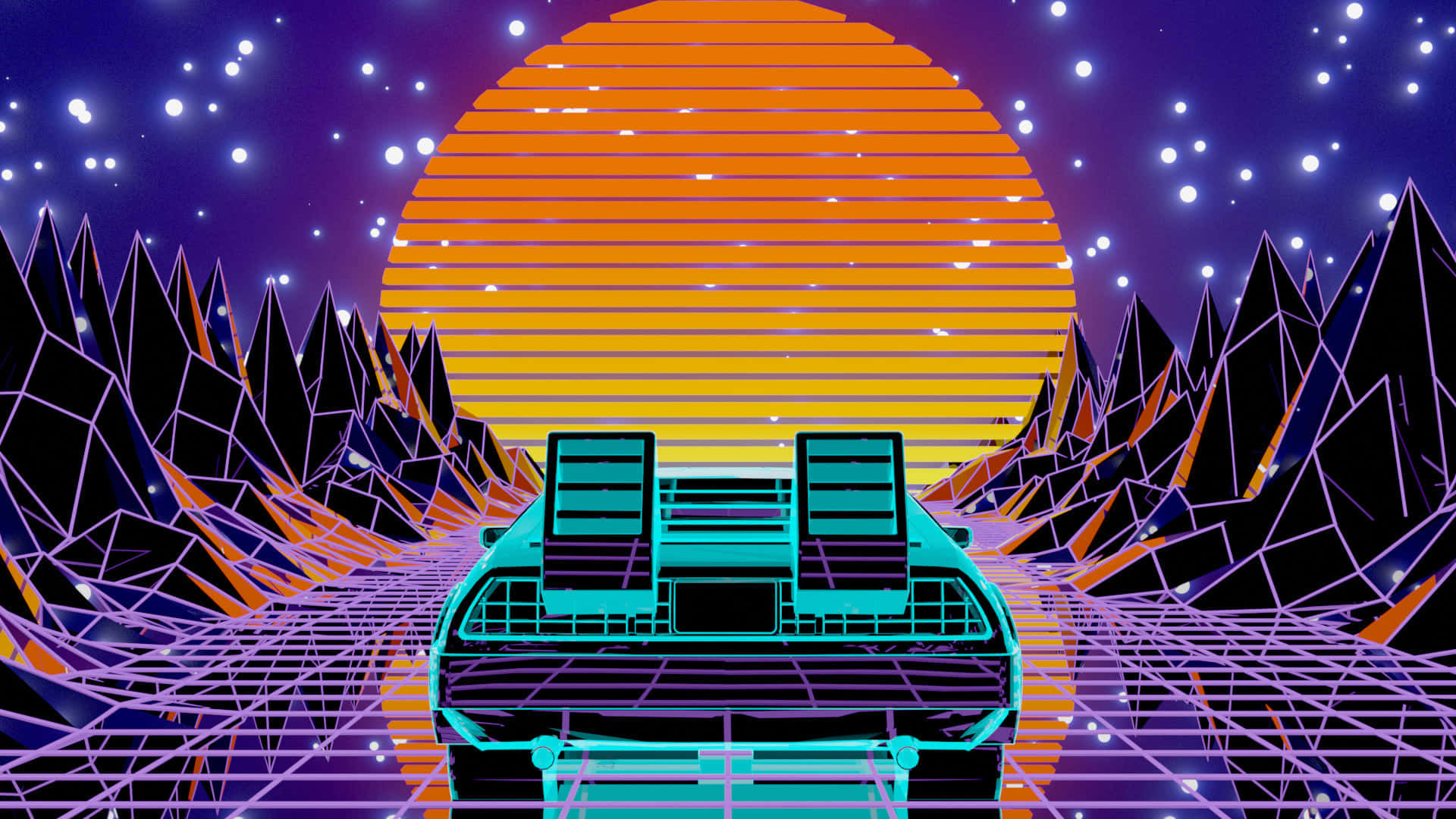 80s Retro 桌布 壁紙 — 一輛青綠色的DeLorean在條紋橙色日落、鋸齒狀山脈和星空下，穿過霓虹網格沙漠。