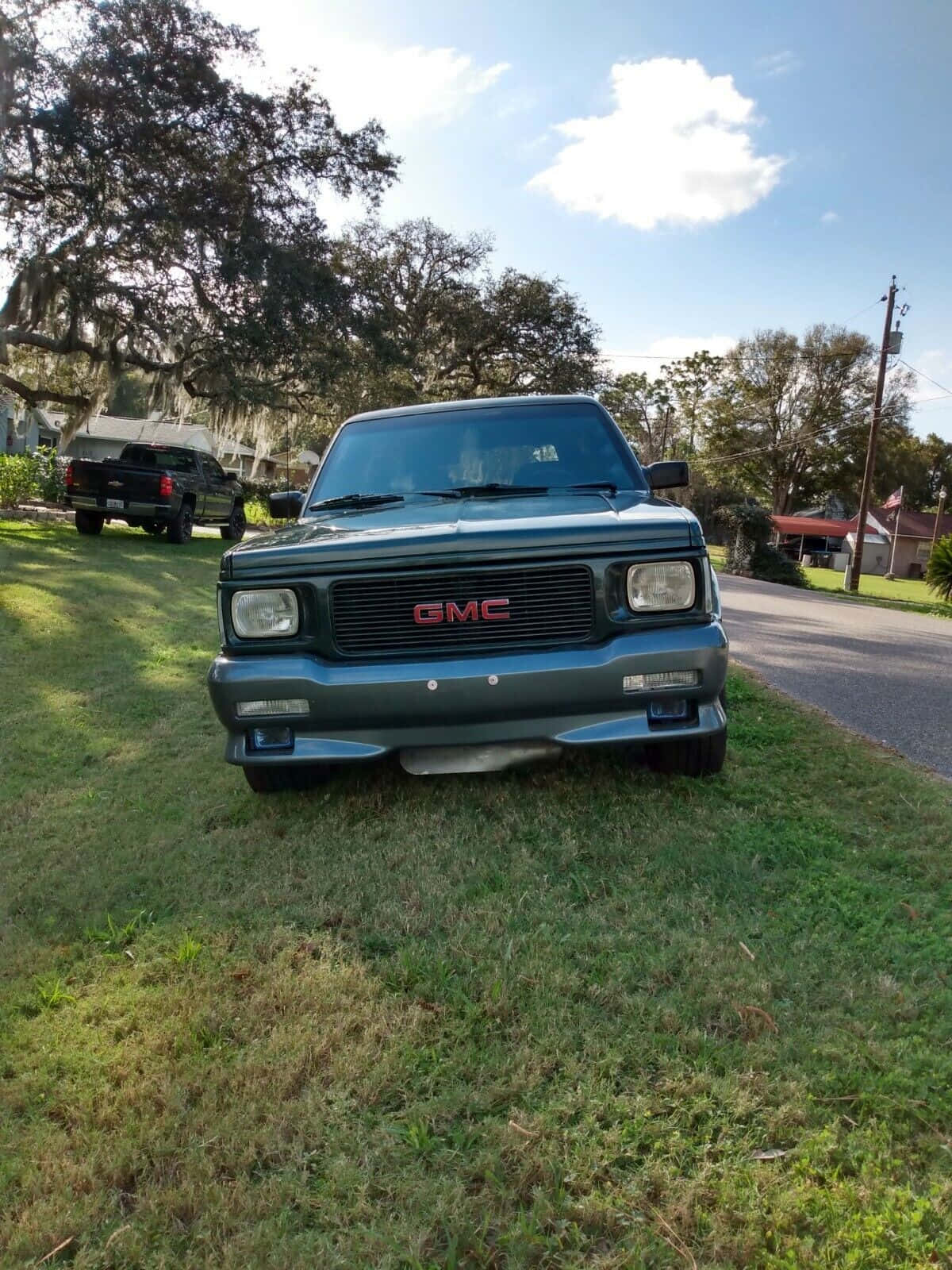 Gmc Typhoon 桌布 壁紙 — 一輛青綠色的GMC pickup truck停泊在草地上，背景是明亮的藍天、蓬鬆的白雲和掛滿苔蘚的樹木。