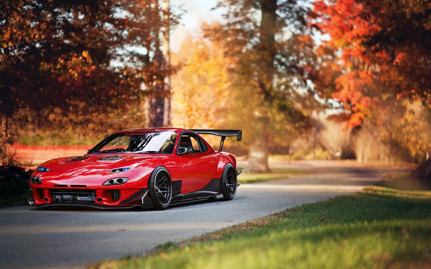 Mazda 桌布 壁紙 — 一輛鮮紅色改裝跑車在沐浴著金色秋光的林蔭大道上行駛。