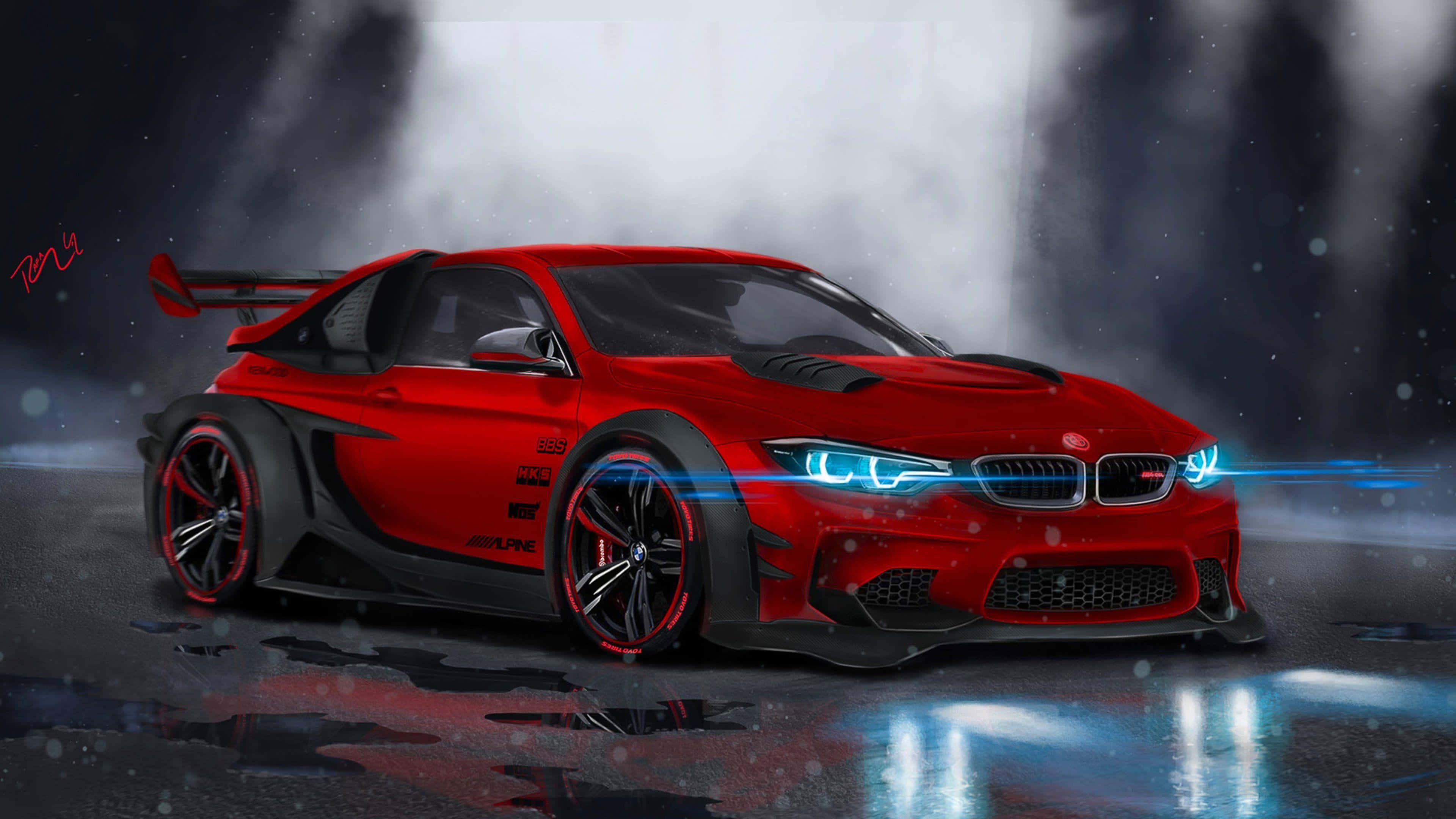 Modified Car 桌布 壁紙 — 一輛鮮紅色的BMW M4賽車，帶著發光的藍色頭燈，在霧氣瀰漫的雨夜街道上飛馳。