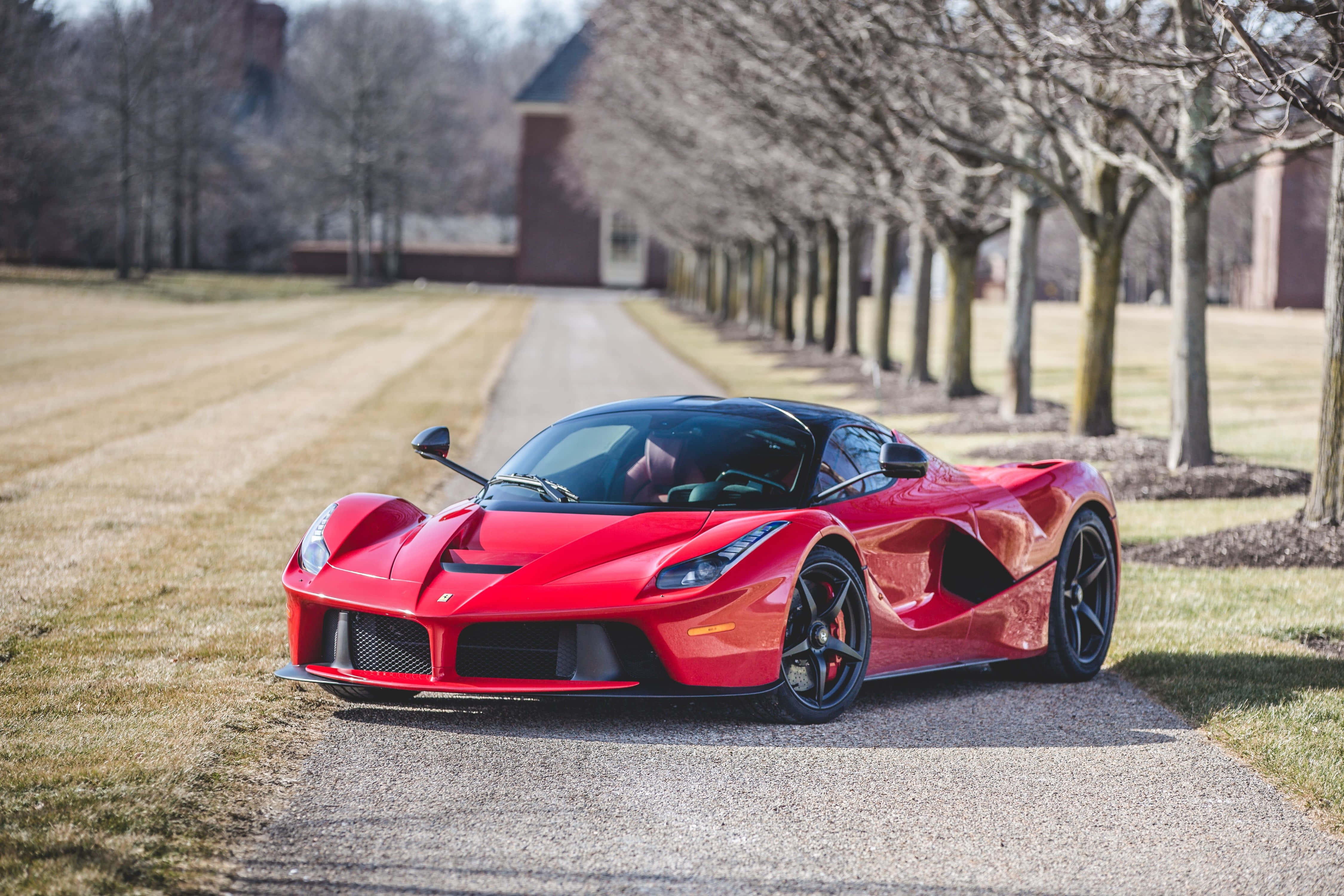 Ferrari Laferrari 桌布 壁紙 — 一輛鮮紅色的法拉利 LaFerrari 停泊在鋪滿碎石的小徑上，兩旁是光禿禿的樹木，在明亮的日光下。