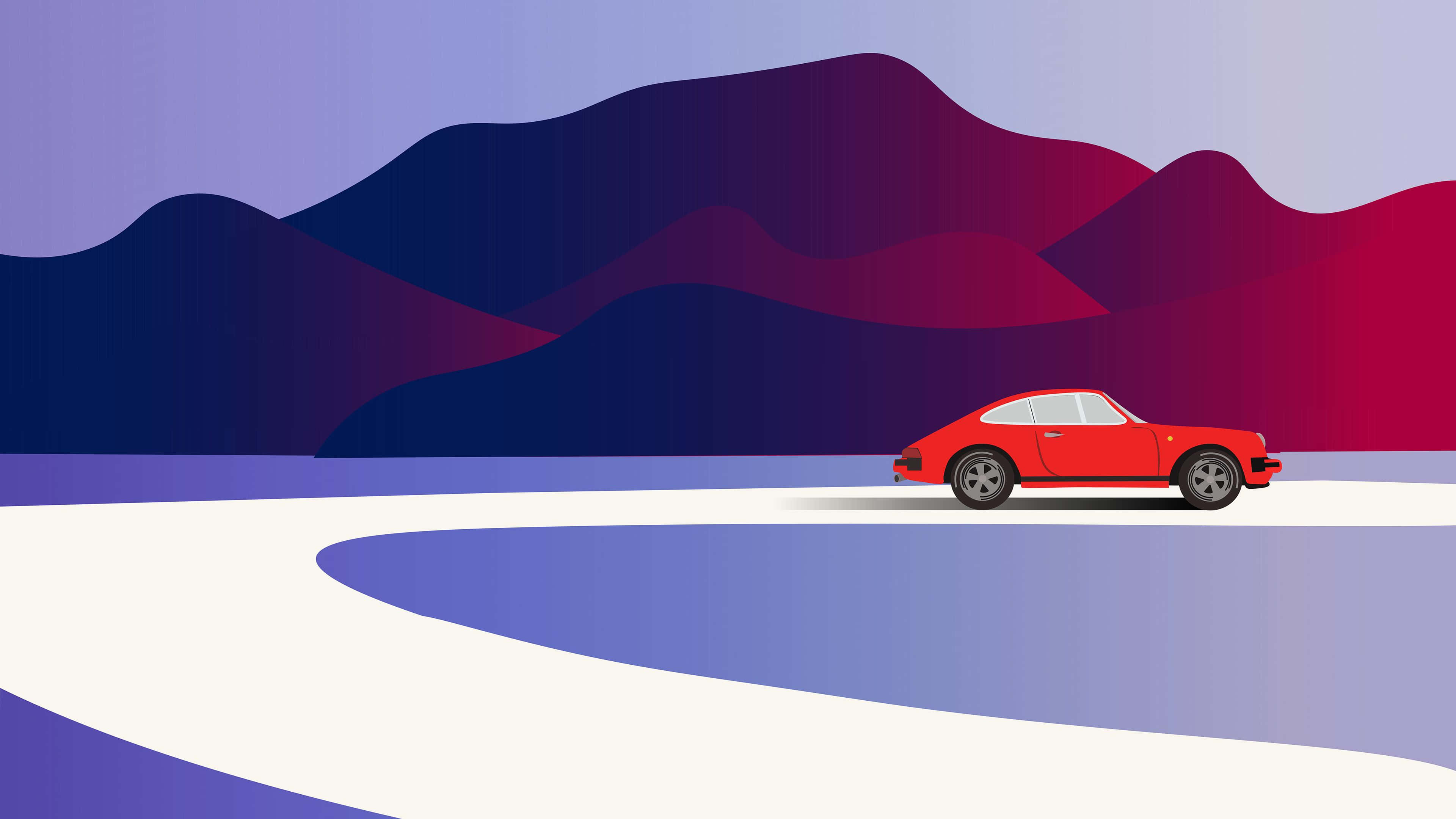 Minimalist Sports 桌布 壁紙 — 一輛鮮紅色的經典跑車沿著蜿蜒的白色道路行駛，背景是風格化的紫色和洋紅色山脈。