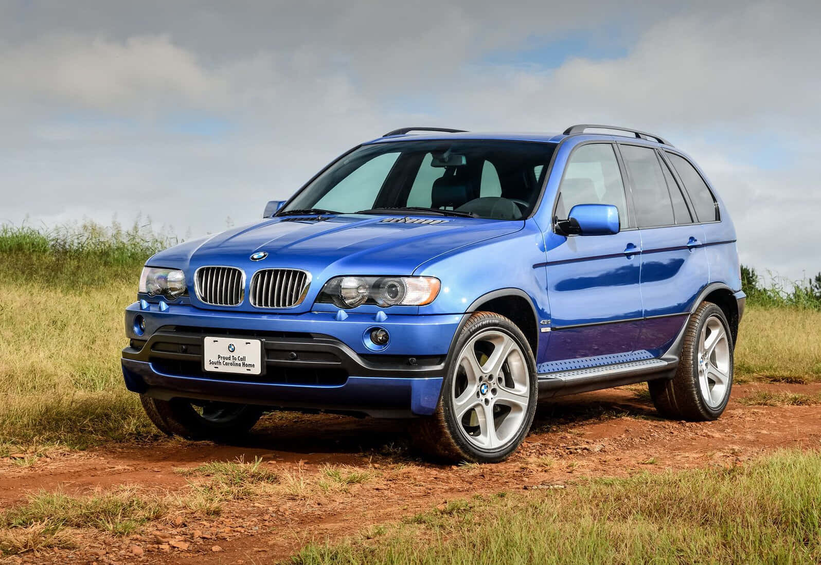 Bmw X5 桌布 壁紙 — 一輛鮮藍色BMW X5 SUV停泊在泥路上，背景是草地和陰天。