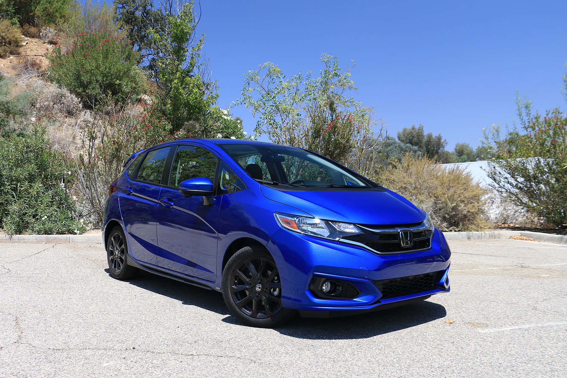Honda Fit 桌布 壁紙 — 一輛鮮藍色的本田Fit停泊在瀝青路上，背景是晴朗的藍天和綠色灌木。