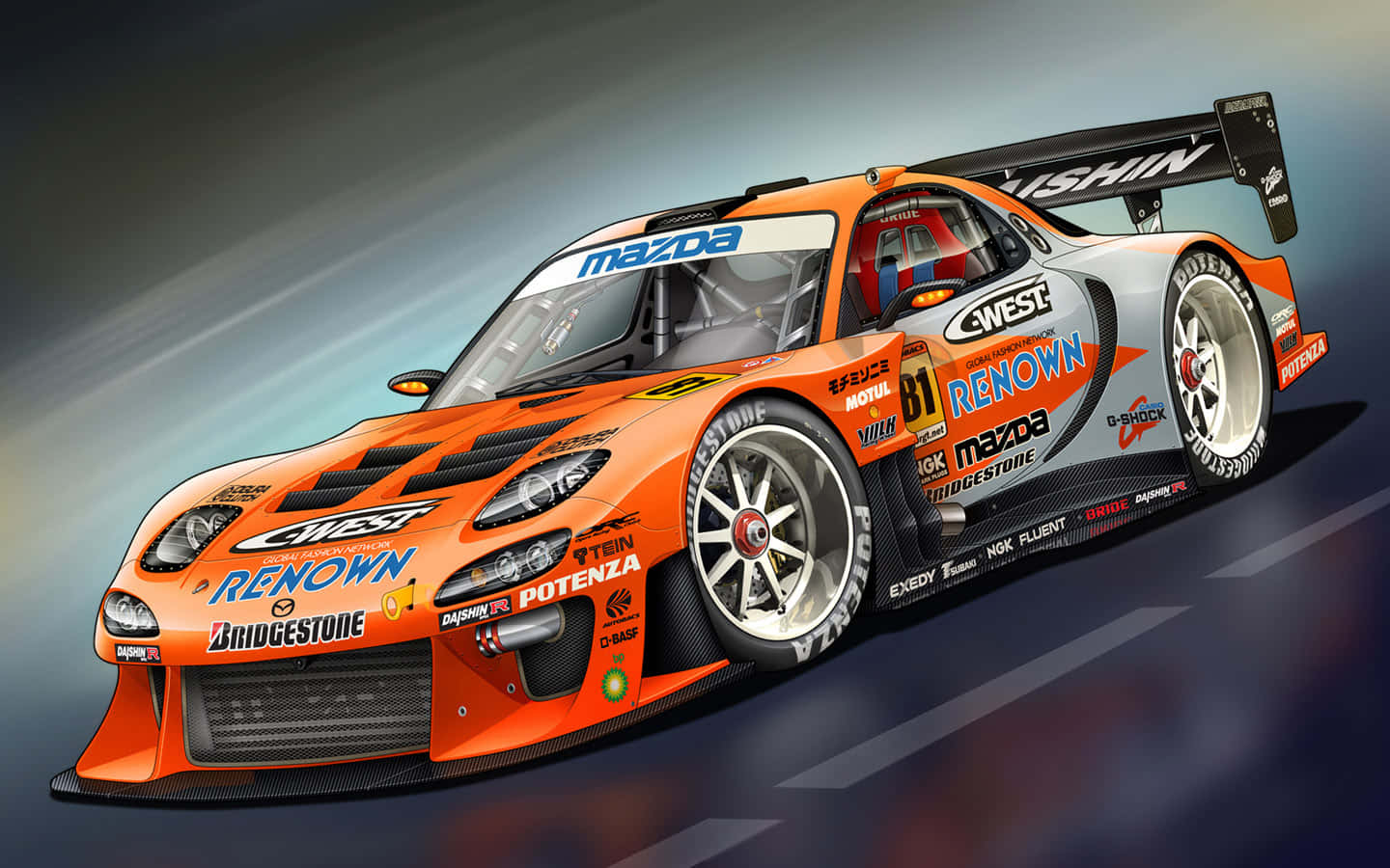 Car Racing 桌布 壁紙 — 一輛鮮豔的橙色萬事得賽車帶有贊助商貼紙，在戲劇性燈光下於模糊的賽道上飛馳。