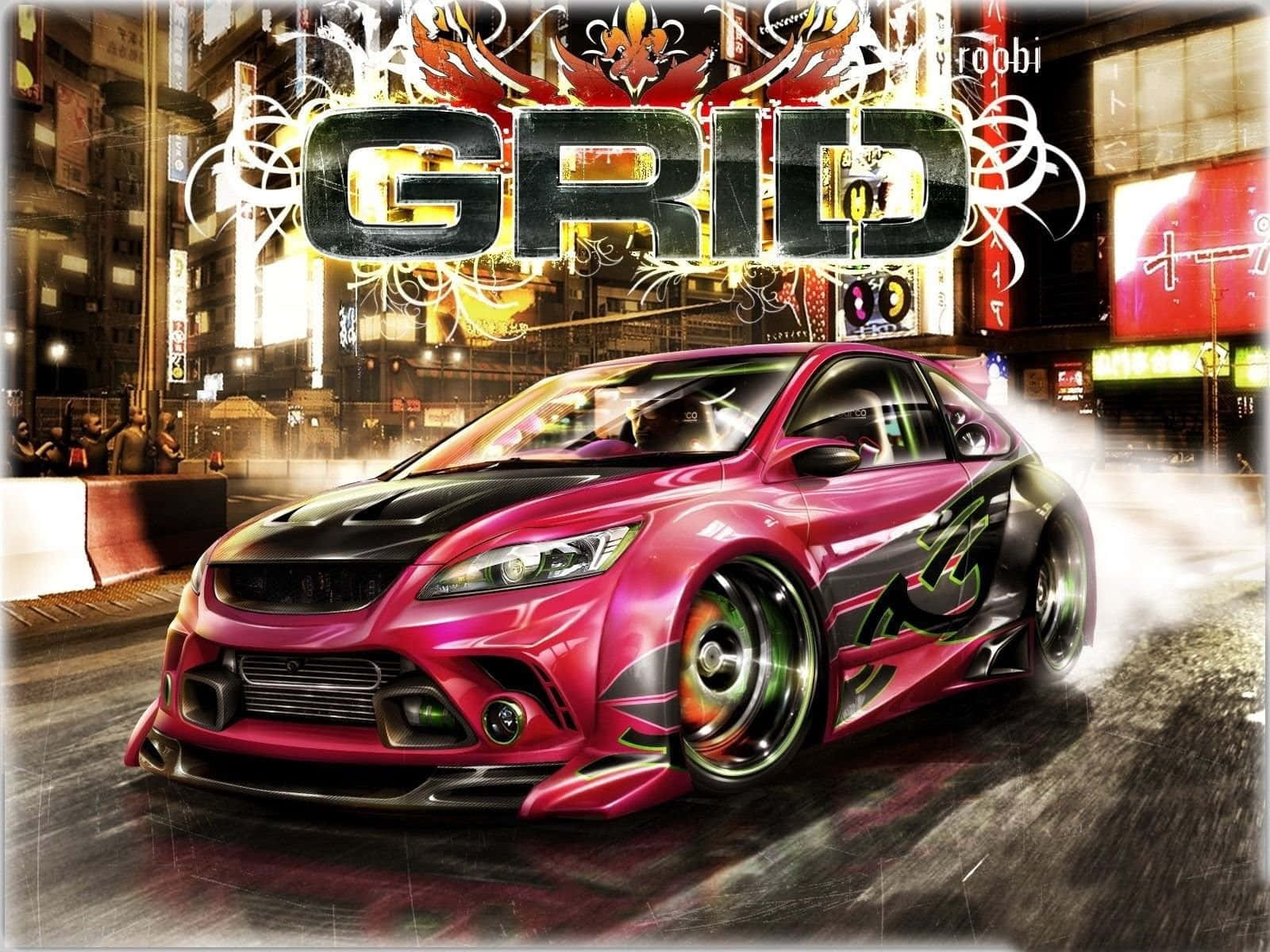 Car Design 桌布 壁紙 — 一輛鮮豔的粉紅色和黑色改裝跑車在夜間穿過霓虹燈照亮的城市街道，上方有發光的塗鴉和「GRID」文字。