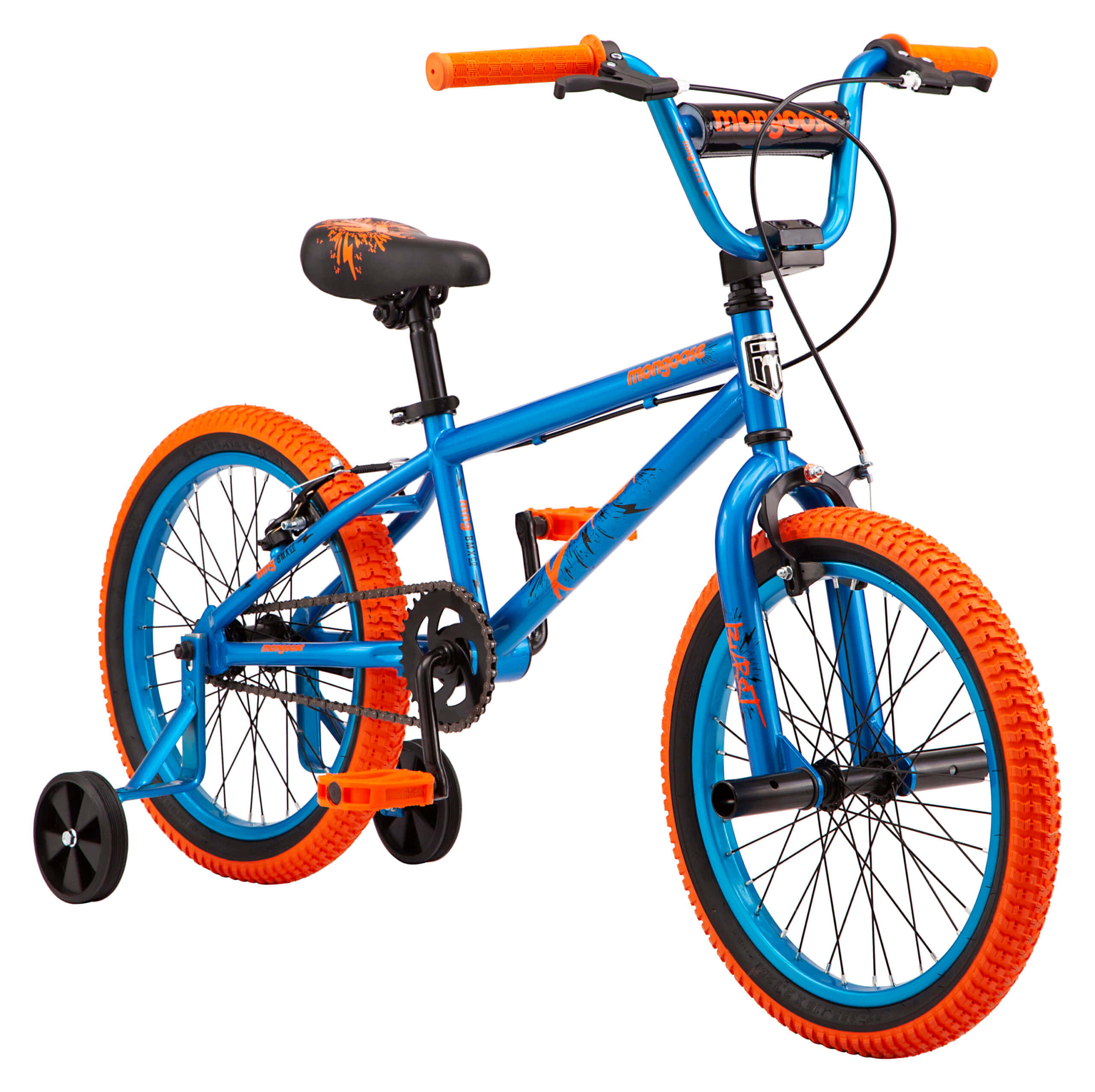 Bicycle 桌布 壁紙 — 一輛鮮豔的藍色和橙色兒童單車，附有輔助輪，立在潔白的背景前。