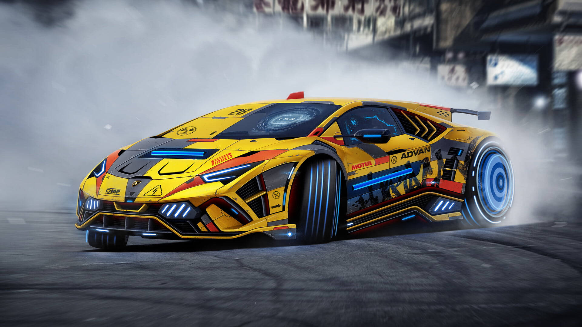 Sports Car 桌布 壁紙 — 一輛黃黑相間的賽車在煙霧瀰漫的城市隧道中飄移，帶有發光藍色點綴和贊助商標誌。
