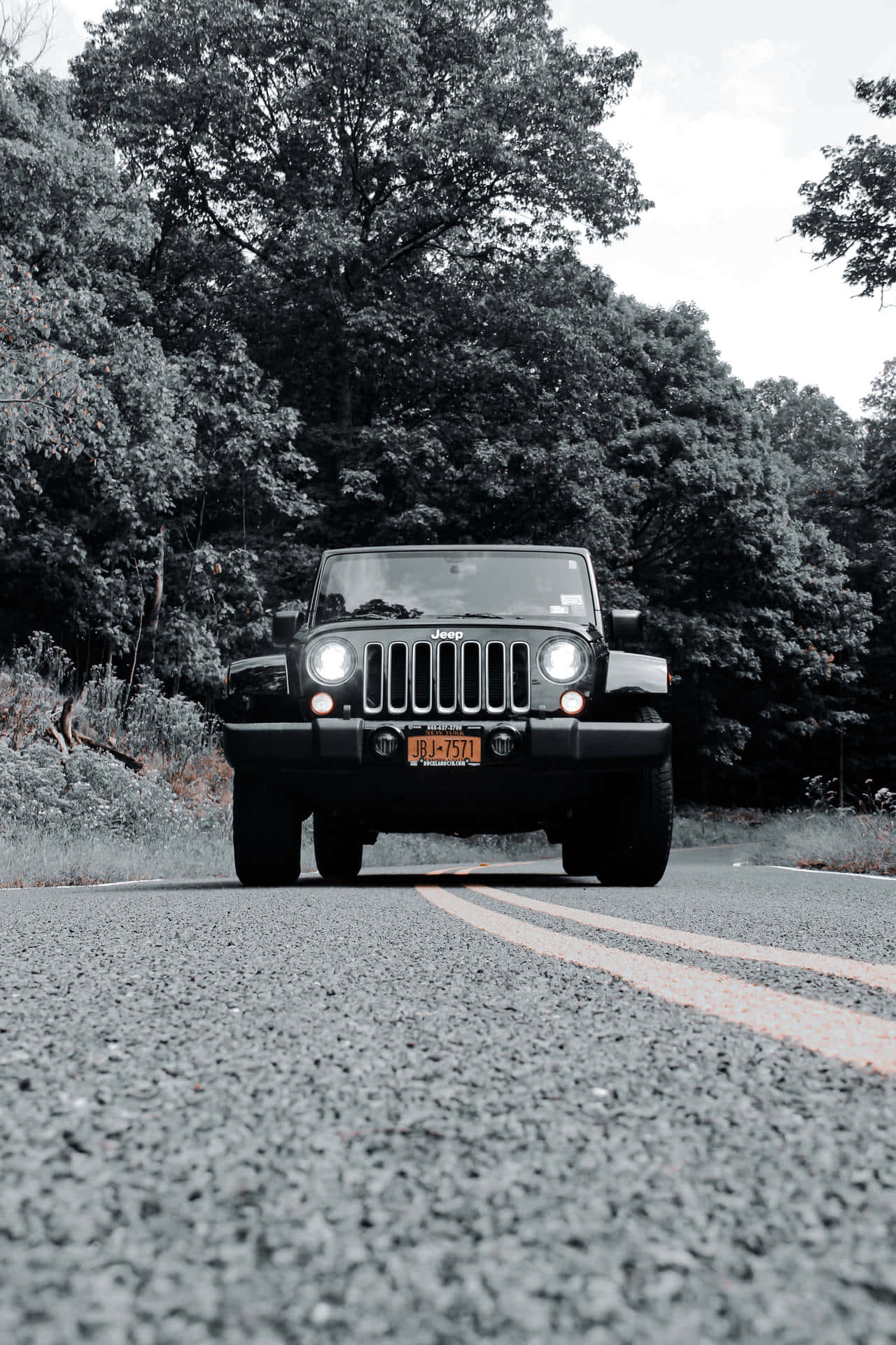 Jeep 動圖 桌布 壁紙 — 一輛黑色Jeep Wrangler在樹木成蔭的道路上迎面駛來，車頭燈閃爍，並帶有單色濾鏡。
