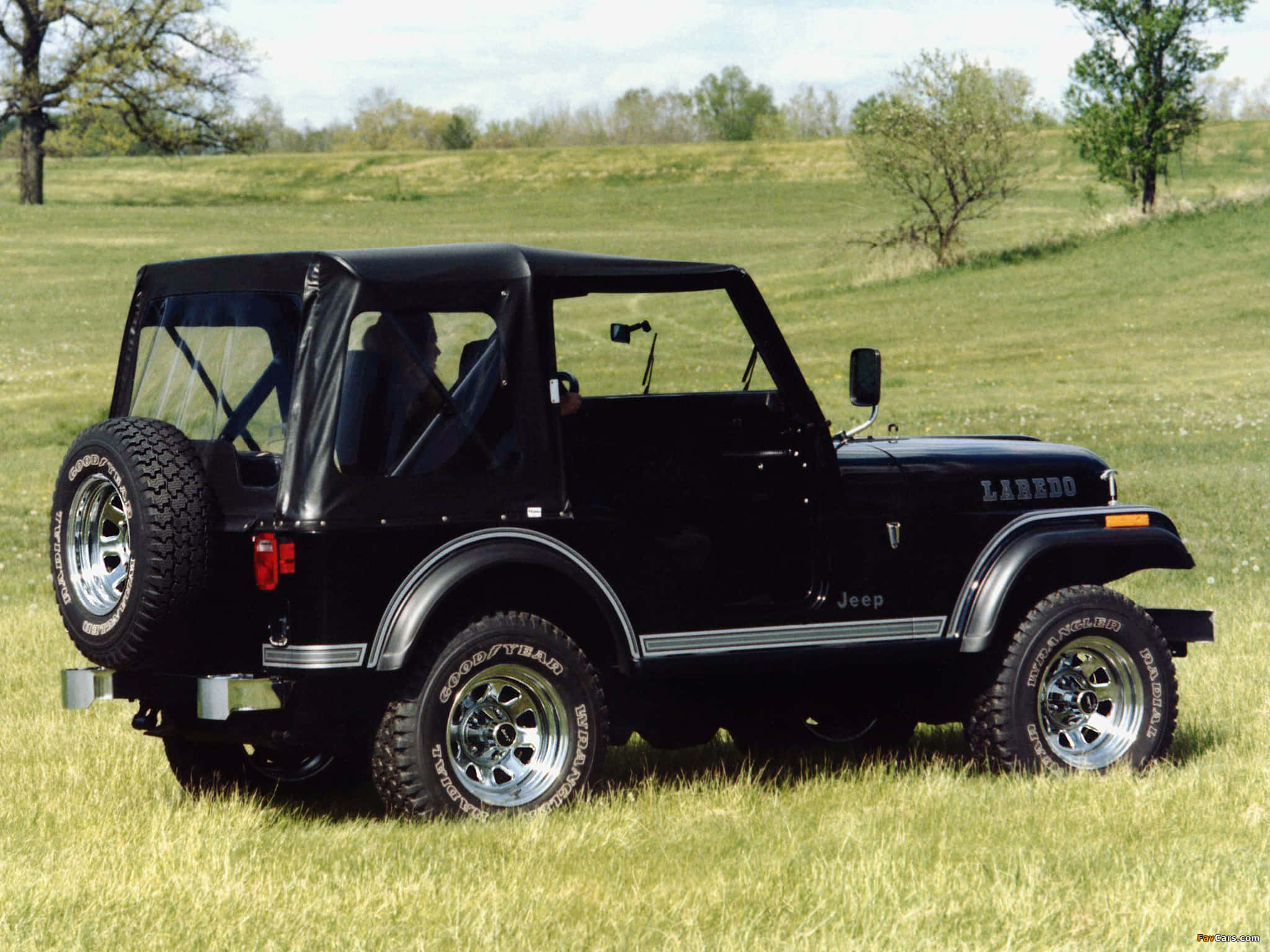 Jeep Cj 桌布 壁紙 — 一輛黑色Jeep Wrangler Laredo停泊在草地上，背景是明亮的天空和散落的樹木。
