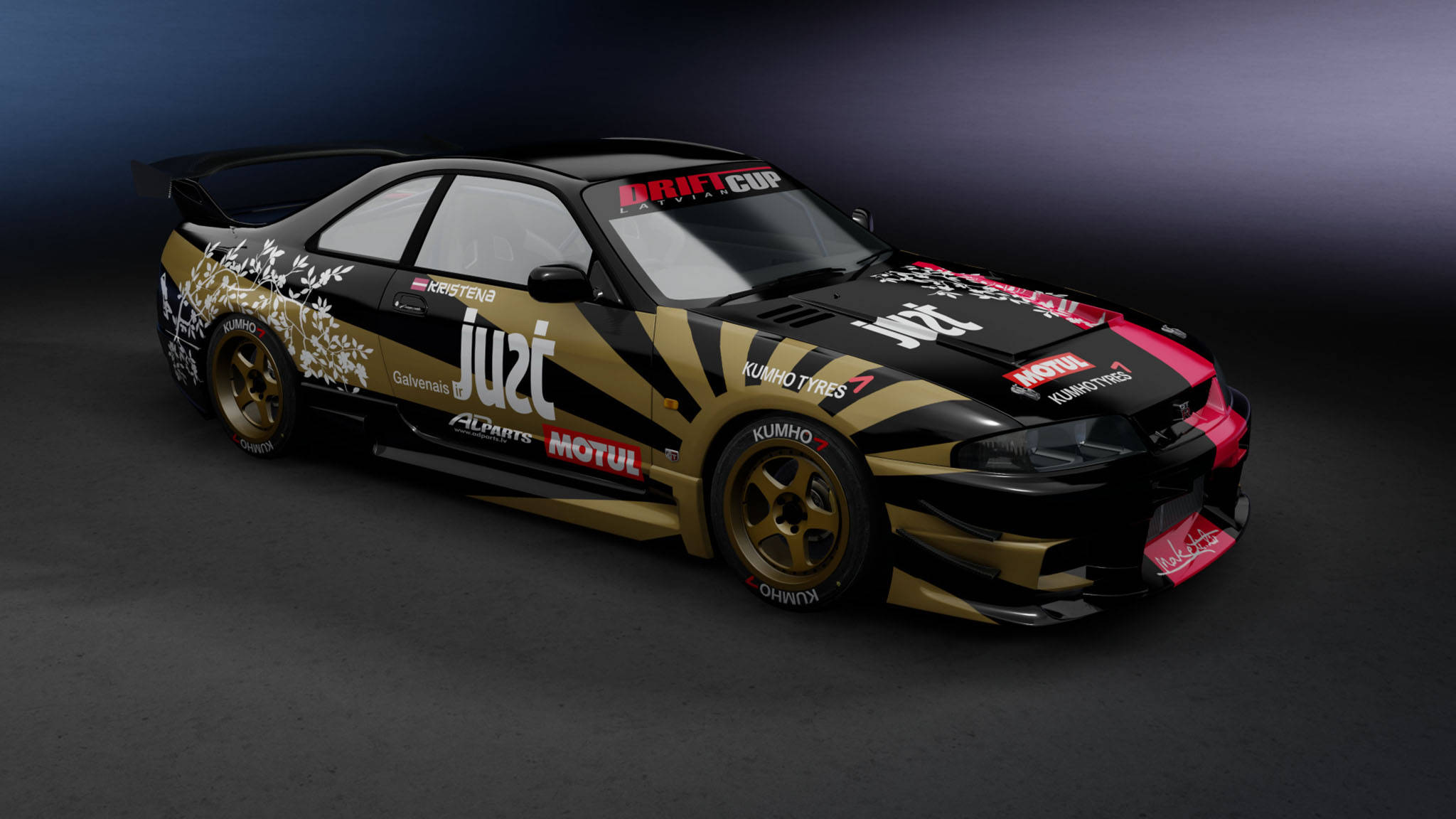 Nissan Skyline R33 Team Volviz 壁紙 — 一輛黑色和金色的漂移賽車帶有紅色點綴和贊助商貼紙，在黑暗的攝影棚中展示。