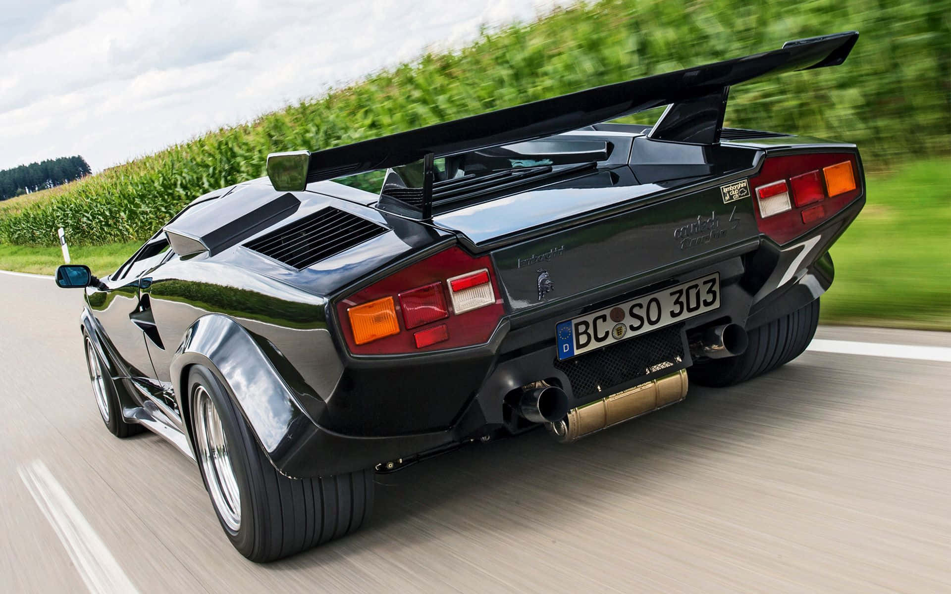 Lamborghini Countach 桌布 壁紙 — 一輛黑色林寶堅尼Countach在鄉間道路上飛馳，模糊的綠色玉米田呼嘯而過。