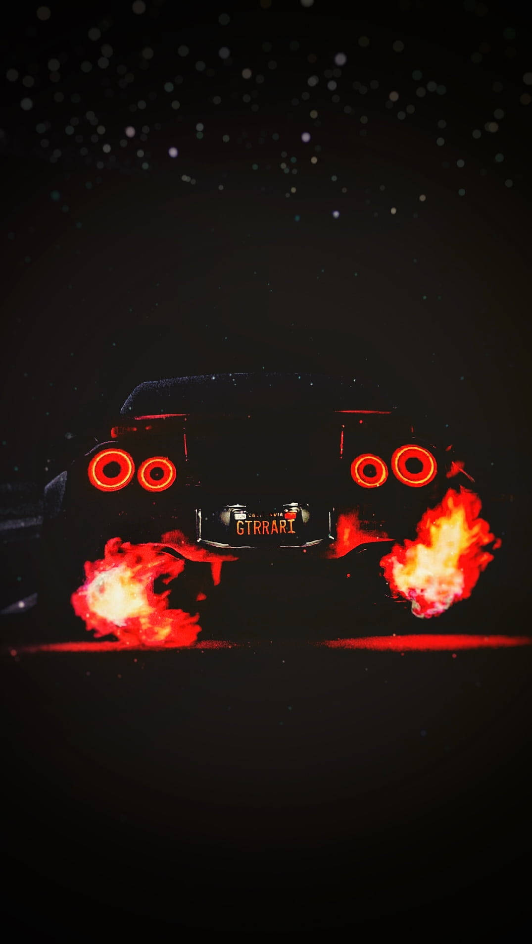 Sports Car 桌布 壁紙 — 一輛黑色法拉利，帶有發光的紅色尾燈和熾熱的排氣管，在繁星點點的夜空中疾馳。