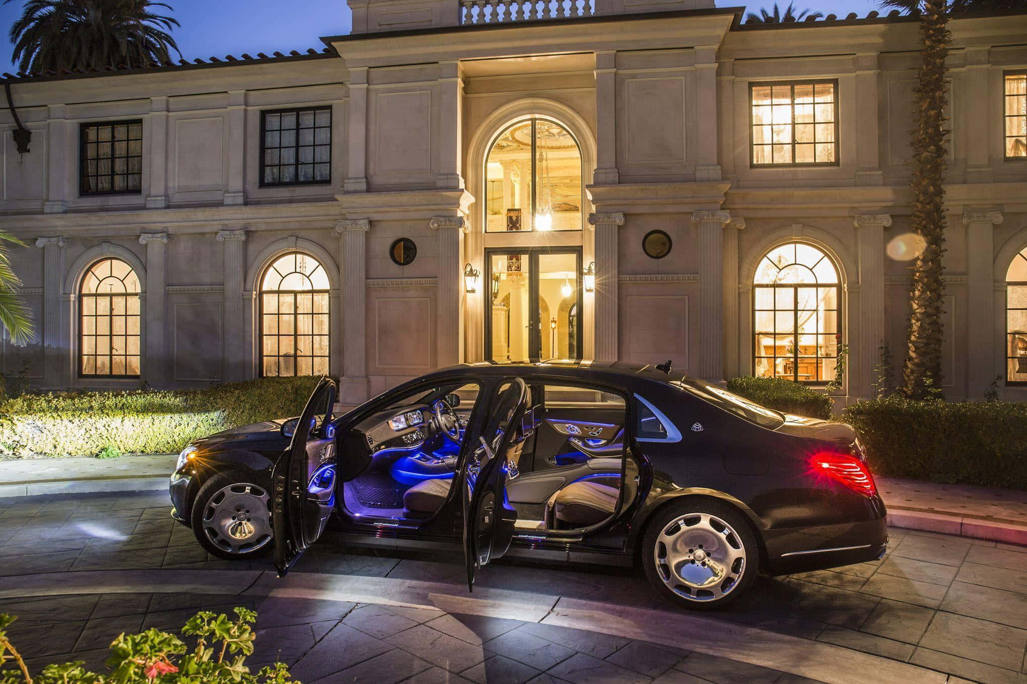 Maybach 桌布 壁紙 — 一輛黑色豪華轎車在黃昏時分停在一座宏偉豪宅前，車內藍色發光的門敞開著。
