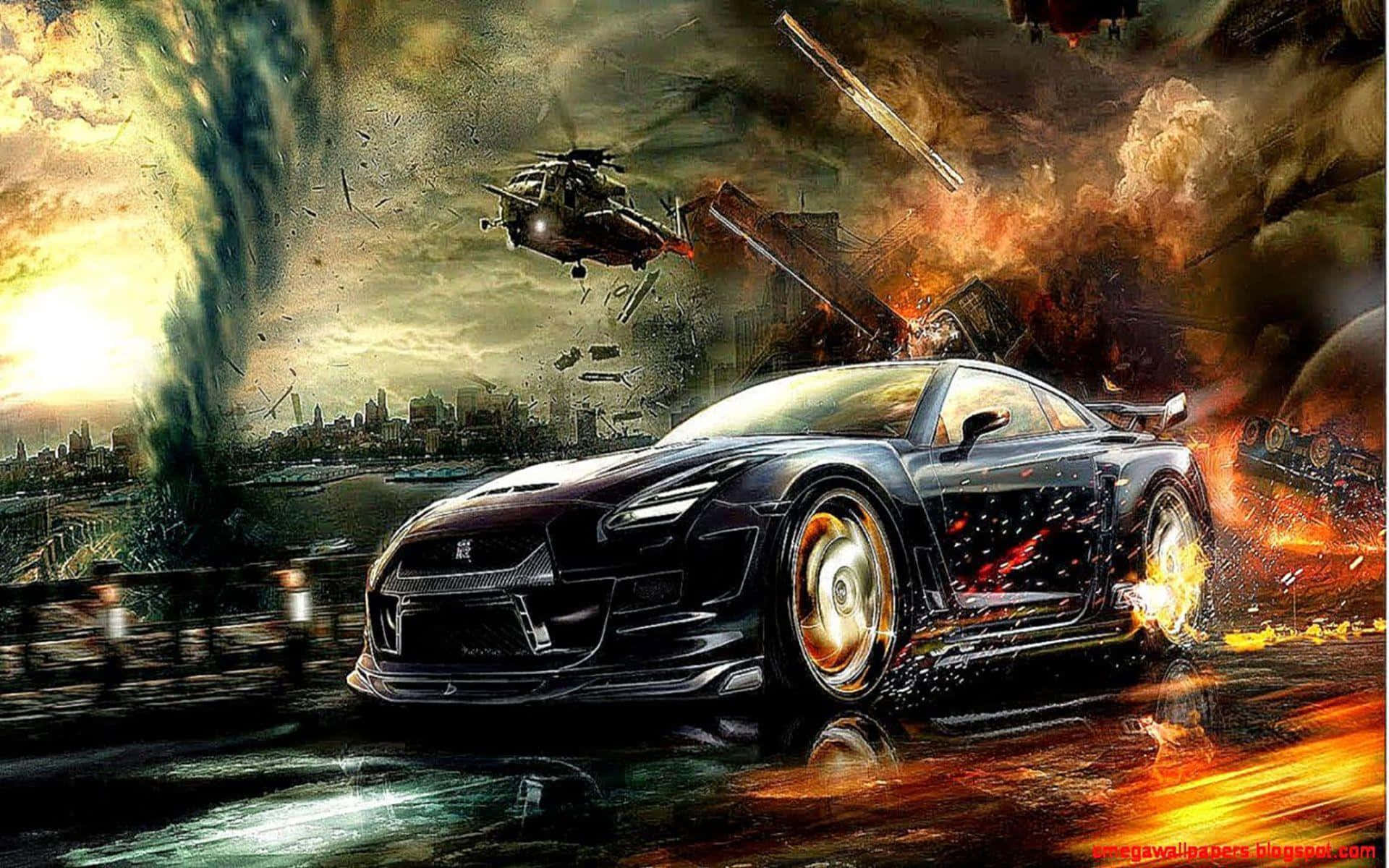 Modified Car 桌布 壁紙 — 一輛黑色跑車在爆炸、直升機和龍捲風的背景下，飛馳穿過熾熱的城市戰場。