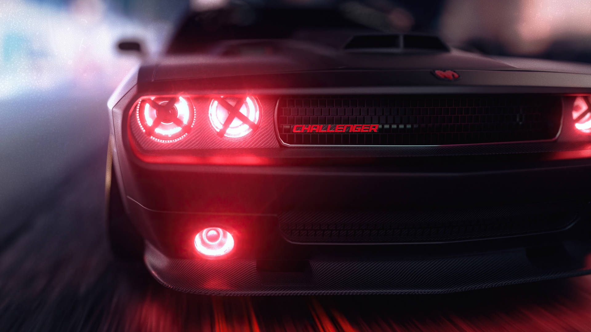 黑色道奇挑戰者，帶紅色燈光，在夜間疾馳。 — Dodge challenger GIF 壁紙