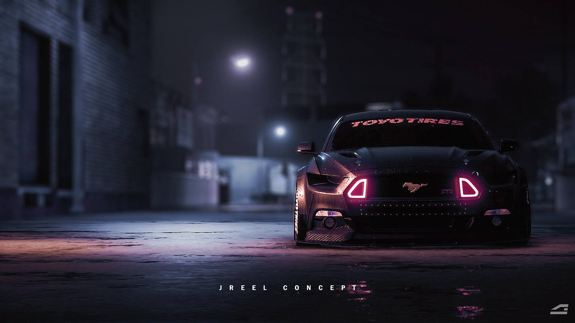 race car 桌布 壁紙 — 一輛黑色野馬跑車，帶有發光的粉紅色頭燈，夜間停在潮濕的城市街道上，路燈下。