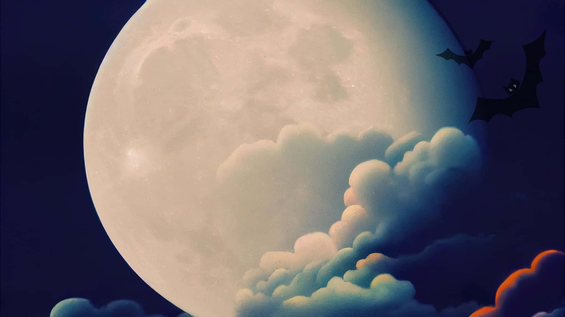 Moon Lighting 桌布 壁紙 — 一輪巨大的發光月亮照亮了蓬鬆的雲朵，一隻蝙蝠在黑暗的夜空中飛過。