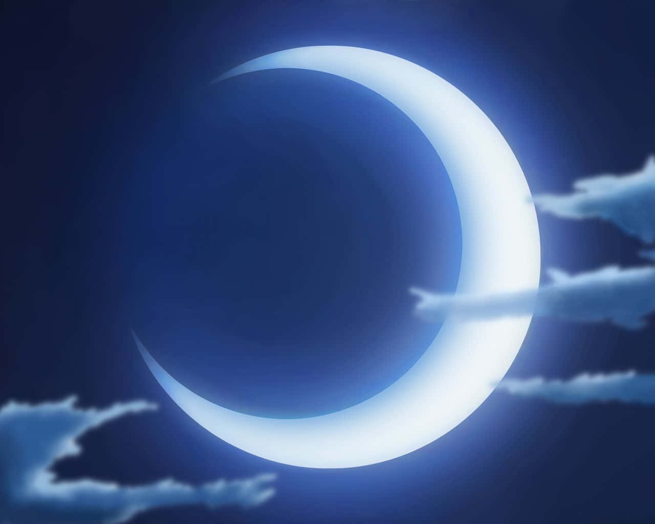 月亮與星星動畫 桌布 壁紙 — 一輪明亮的彎月在深藍色的夜空中發光，薄雲飄過。