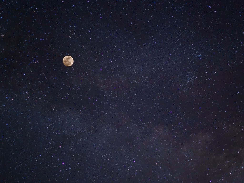 月亮與星星動畫 桌布 壁紙 — 一輪明亮的滿月在深靛藍色夜空中，於密集的星星和宇宙塵埃之間閃耀。
