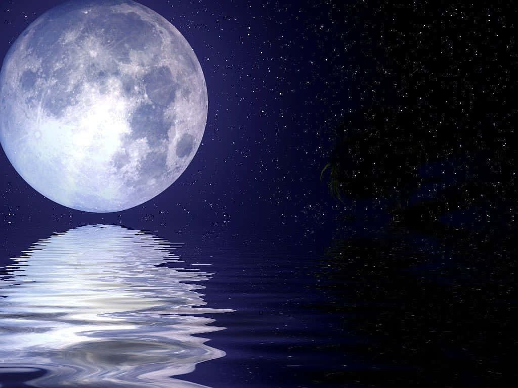 月亮與星星動畫 桌布 壁紙 — 一輪明亮的滿月在繁星點點的夜空下，在平靜的水面上投下閃爍的倒影。