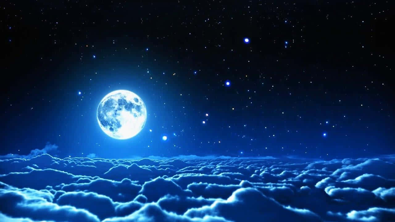 月光 桌布 壁紙 — 一輪明亮的滿月在繁星點點的夜空下，照耀在蓬鬆的雲海之上。