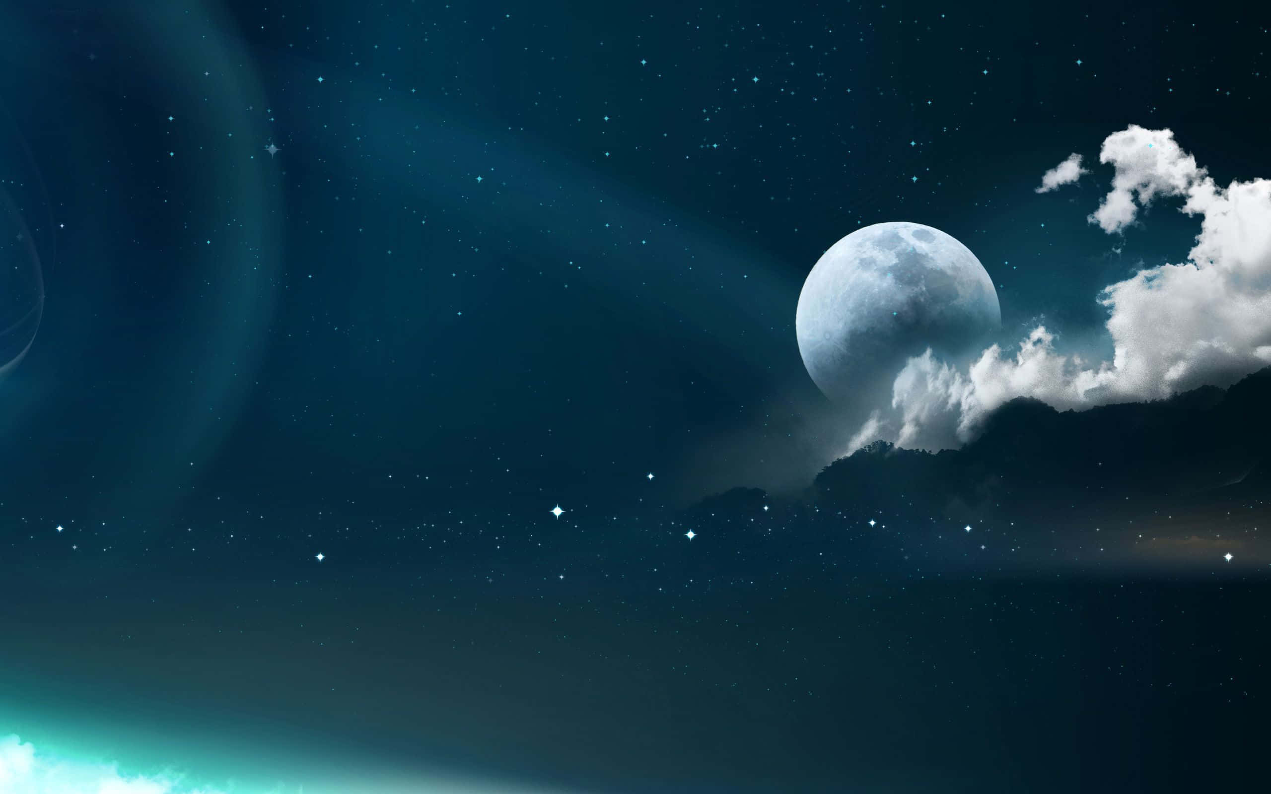 月亮與星星動畫 桌布 壁紙 — 一輪明亮的滿月從蓬鬆的白雲間窺視，背景是繁星點點的深藍夜空和發光的極光。