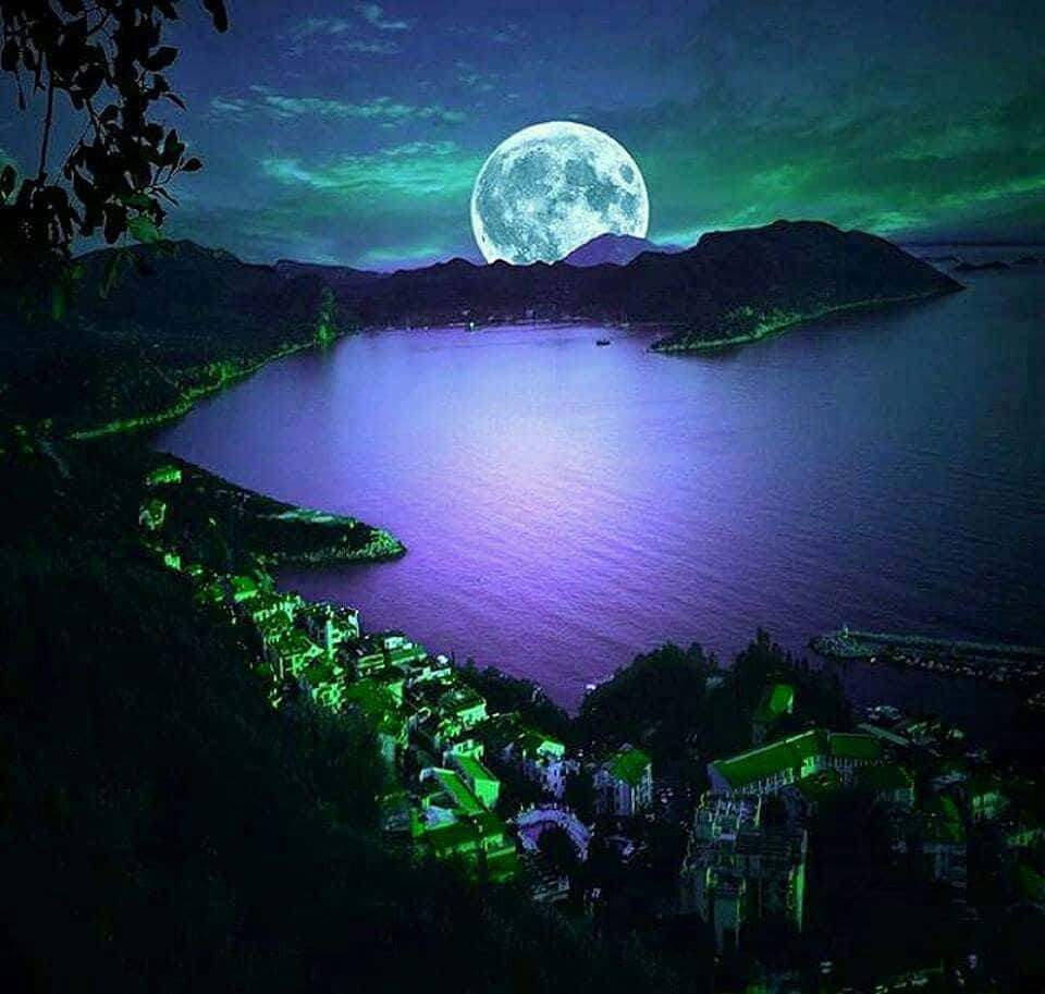 Beautiful Moon 桌布 壁紙 — 一輪明亮的滿月照亮了寧靜的海灣，紫色的海水與暗色山丘間閃爍著綠色光芒的沿海小鎮。