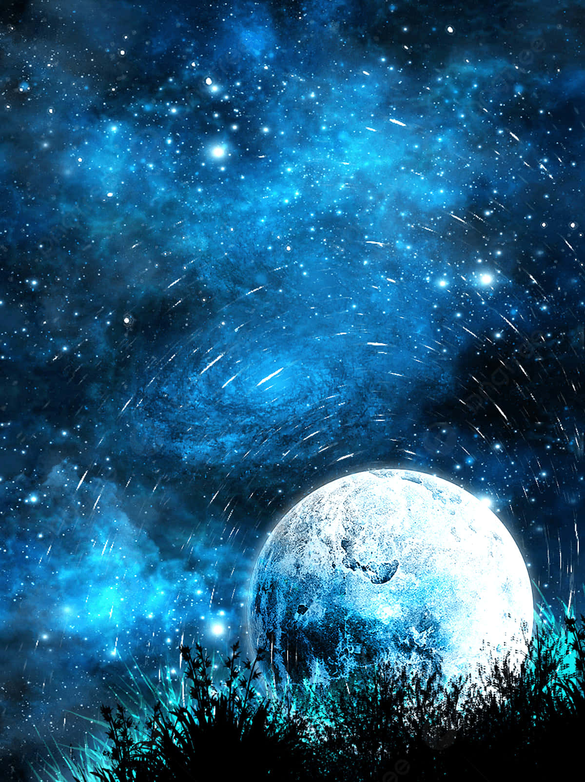 Aesthetic Night Sky 桌布 壁紙 — 一輪明亮的藍月升起，越過黑暗的剪影草地，下方是充滿發光星雲和流星的漩渦星野。