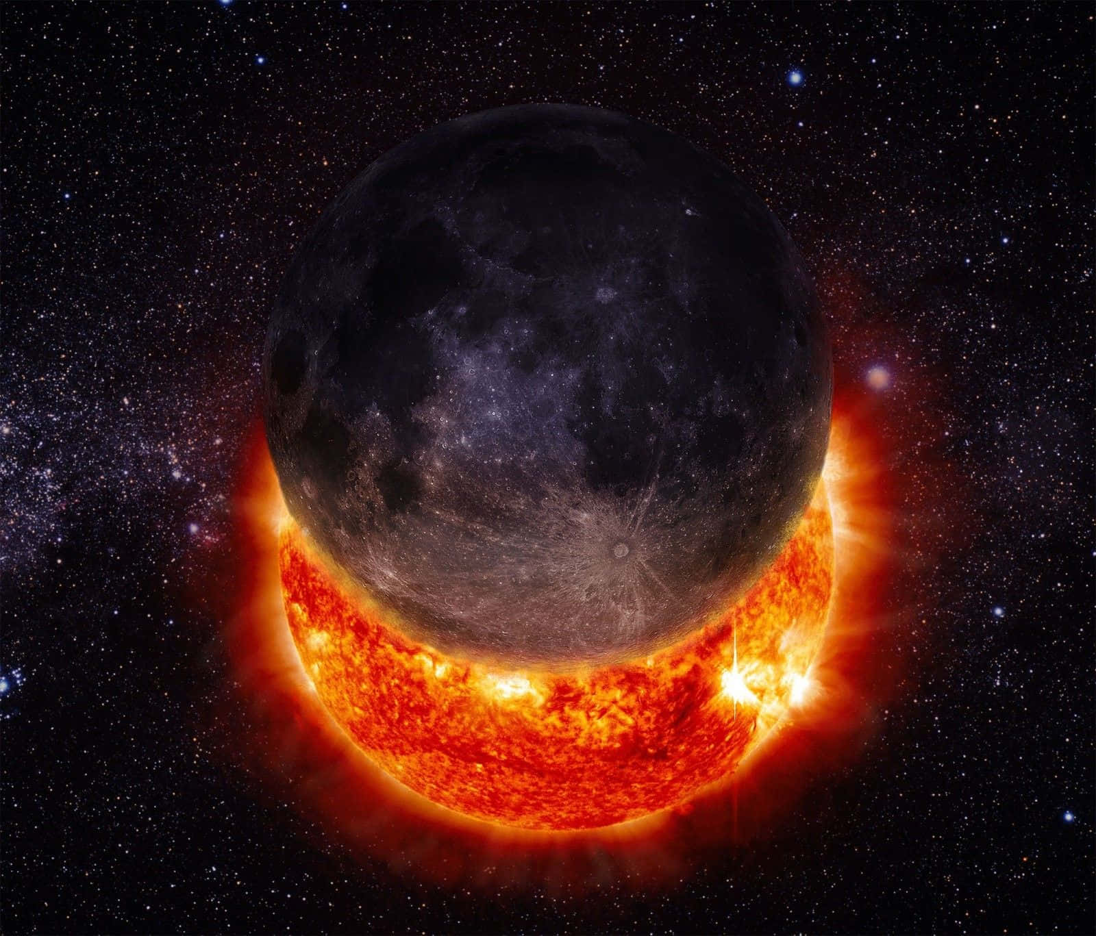 Universe 桌布 壁紙 — 一輪暗月遮蔽了熾熱的太陽，背景是星光燦爛的宇宙，伴隨著發光的太陽耀斑。