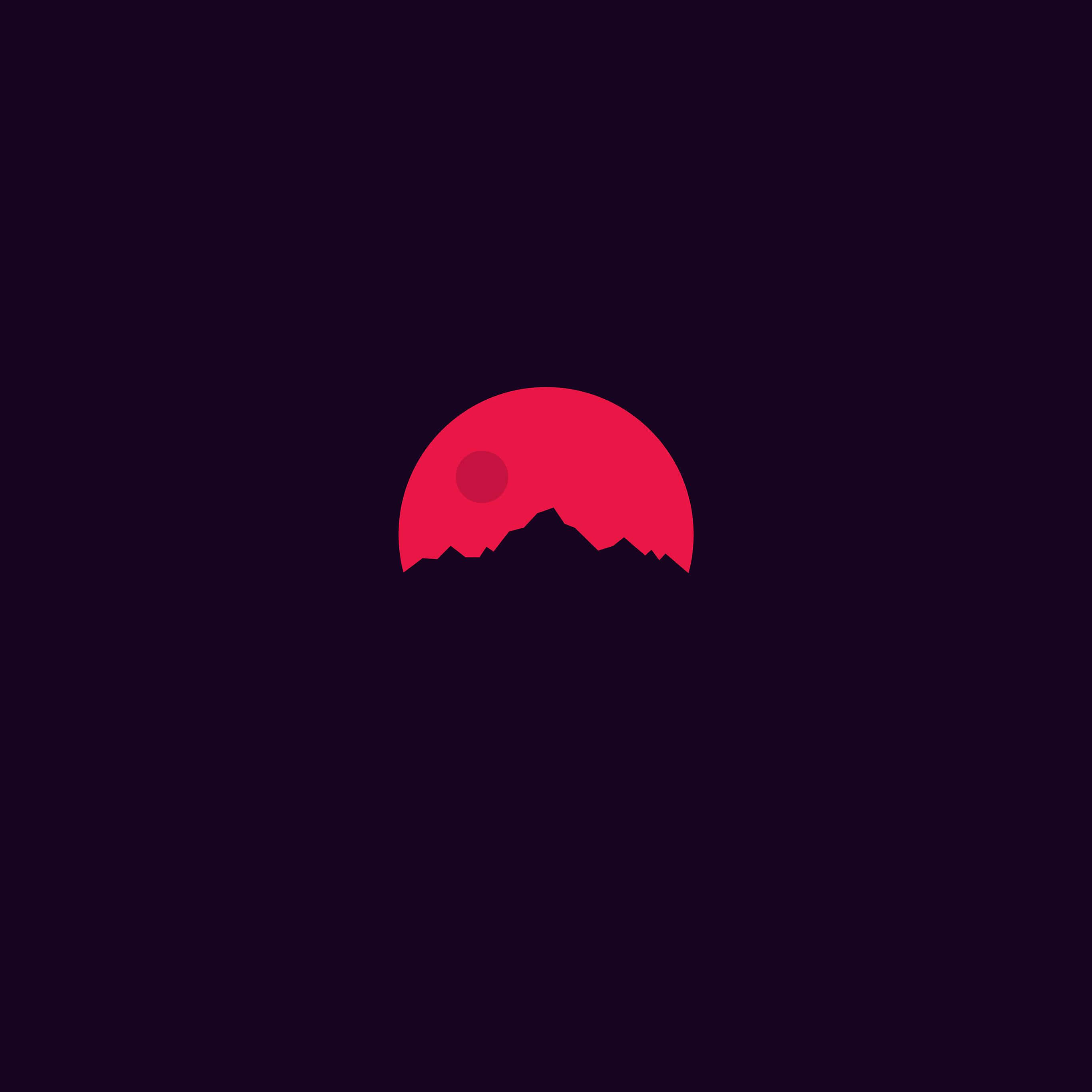 Minimalist Sunset 桌布 壁紙 — 一輪極簡紅日落在鋸齒狀山脈剪影後方，背景是深紫色天空。